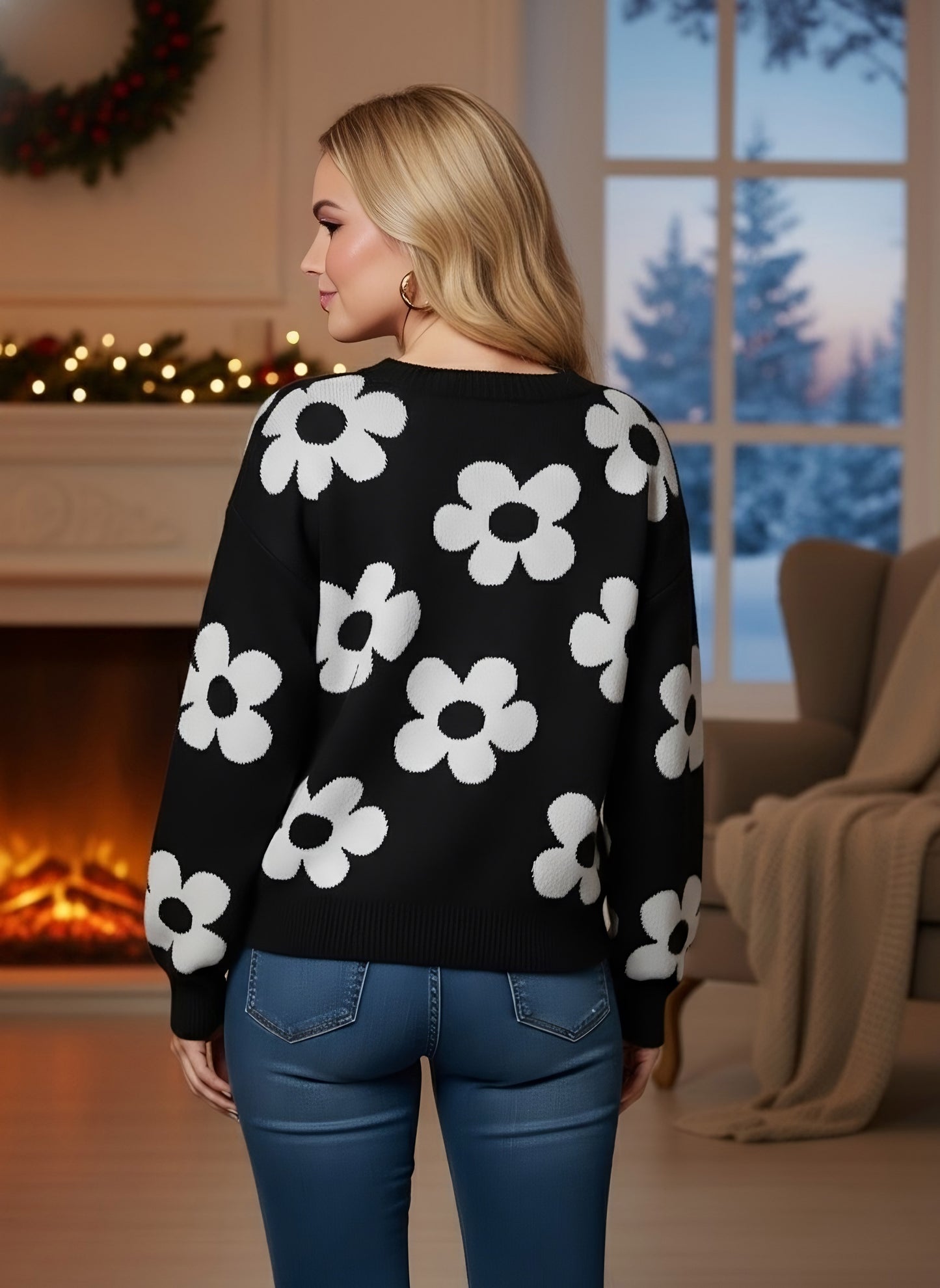 Berrylush Women Black & White Floral Print Round Neck Polyester Ribbed Hem Regular Pullover