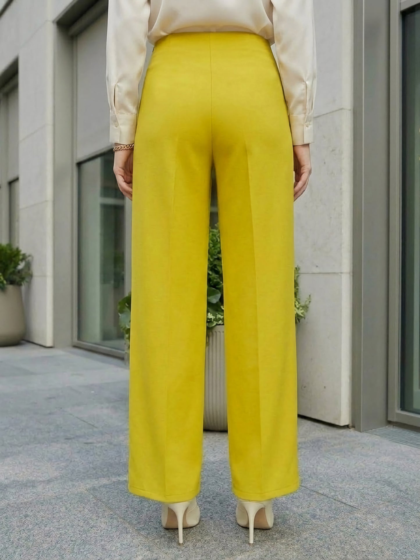 BIZwear Solid Yellow High-Rise Waist Button Detail Wide Leg Pleated Regular Pants