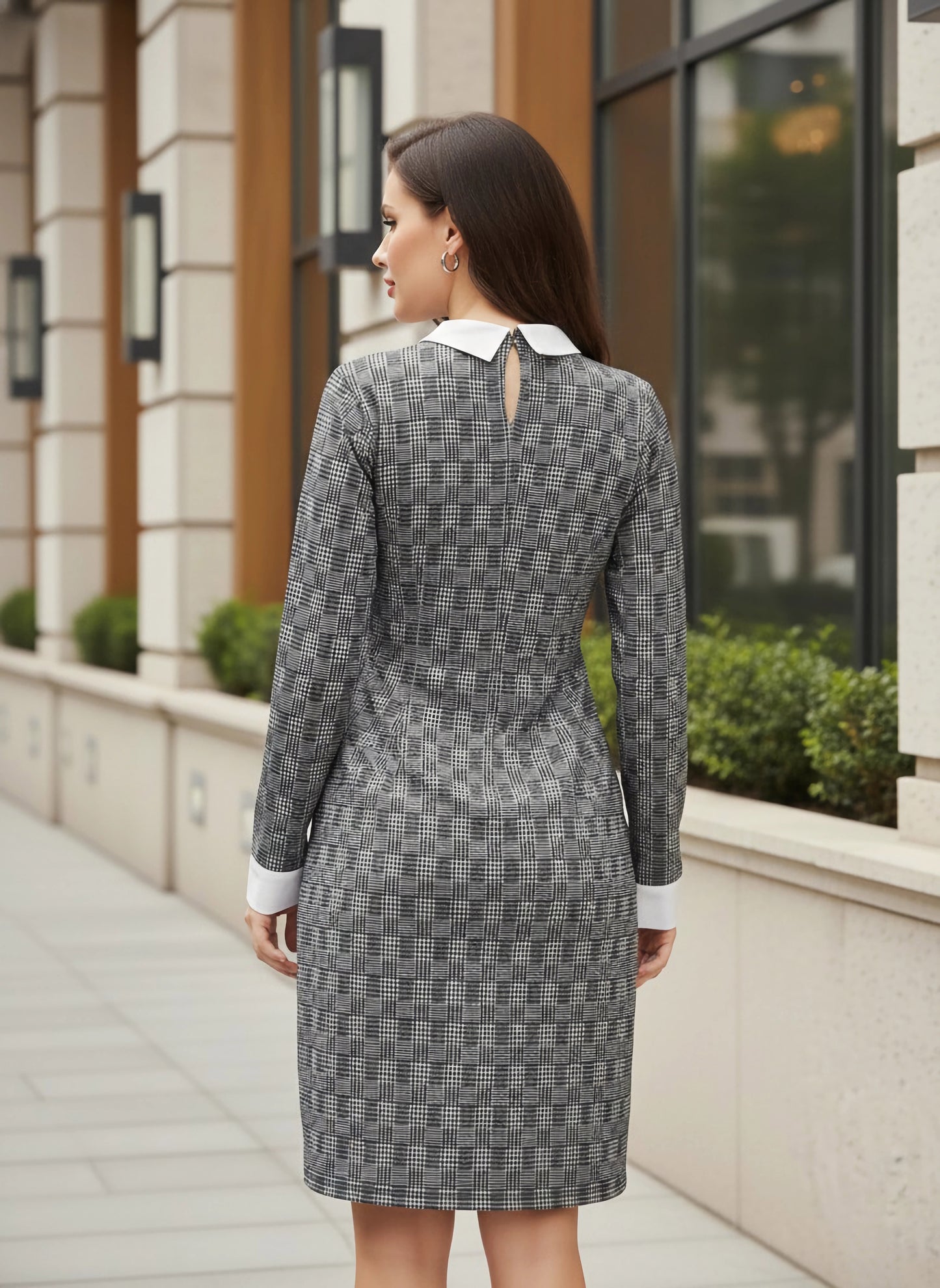 Berrylush BIZwear Women Black Houndstooth & Checked Print Contrast Collar Neck Straight Hem Knitted Bodycon Mini Dress