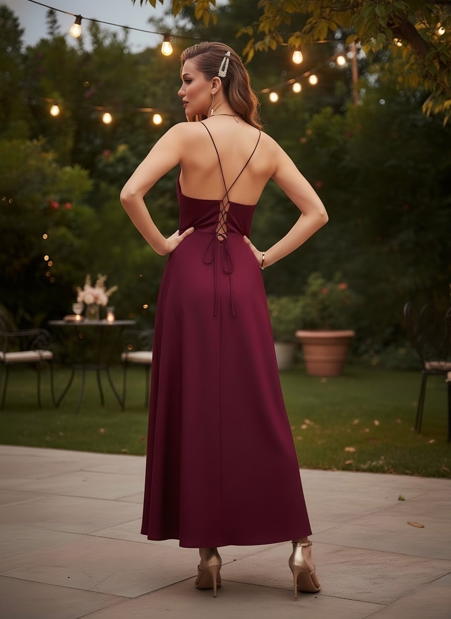 Berrylush Women Solid Maroon Cowl Neck Sleeveless Lace-Up Backless Thigh-High Slit Flared Maxi Dress