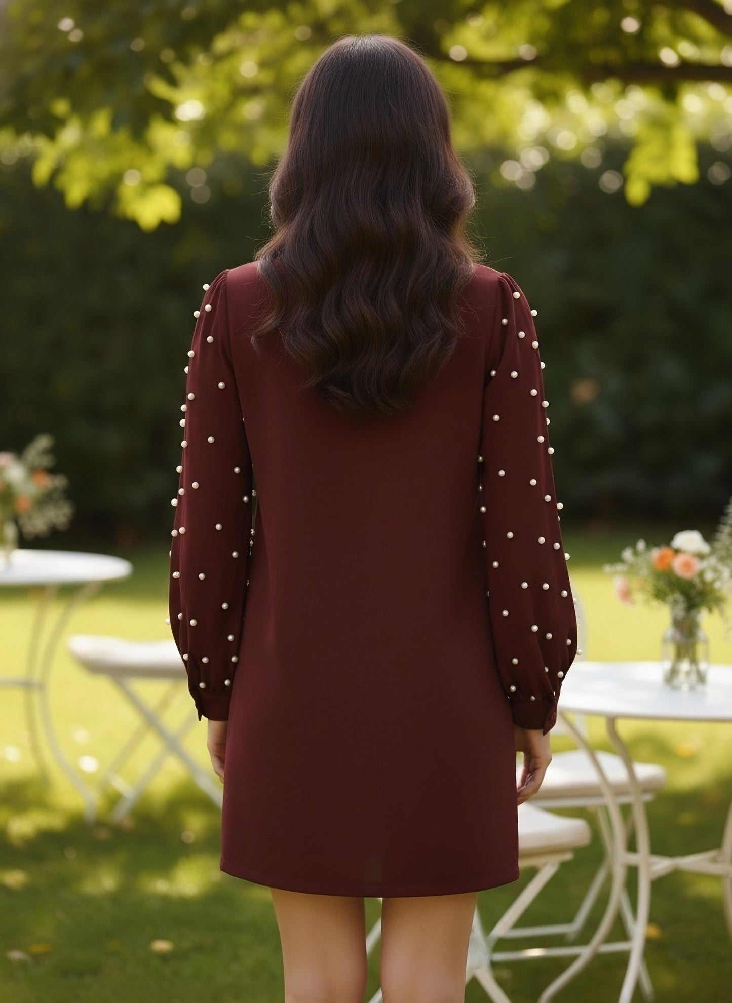 Berrylush Women Solid Maroon Round Neck Button-Up Straight Hem Embellished A-Line Mini Dress