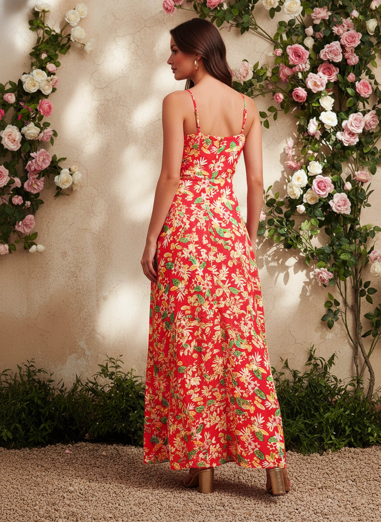 Berrylush Women Coral & Green Floral Printed V-Neck Thigh-High Slit Crepe Flared Maxi Dress