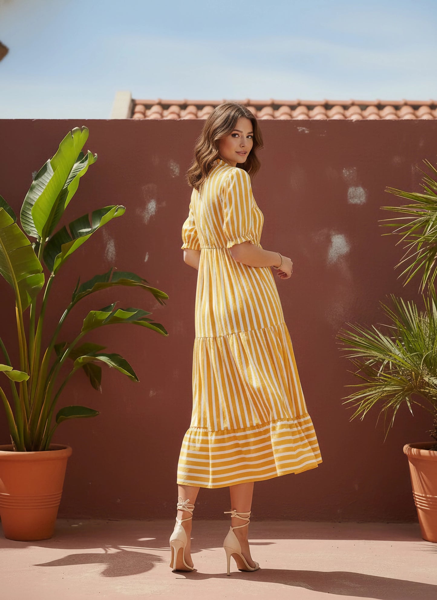 Berrylush Women Yellow & White Vertical Striped Print Tie-Up Neck Flutter Sleeve Viscose Rayon Layered Maxi Dress