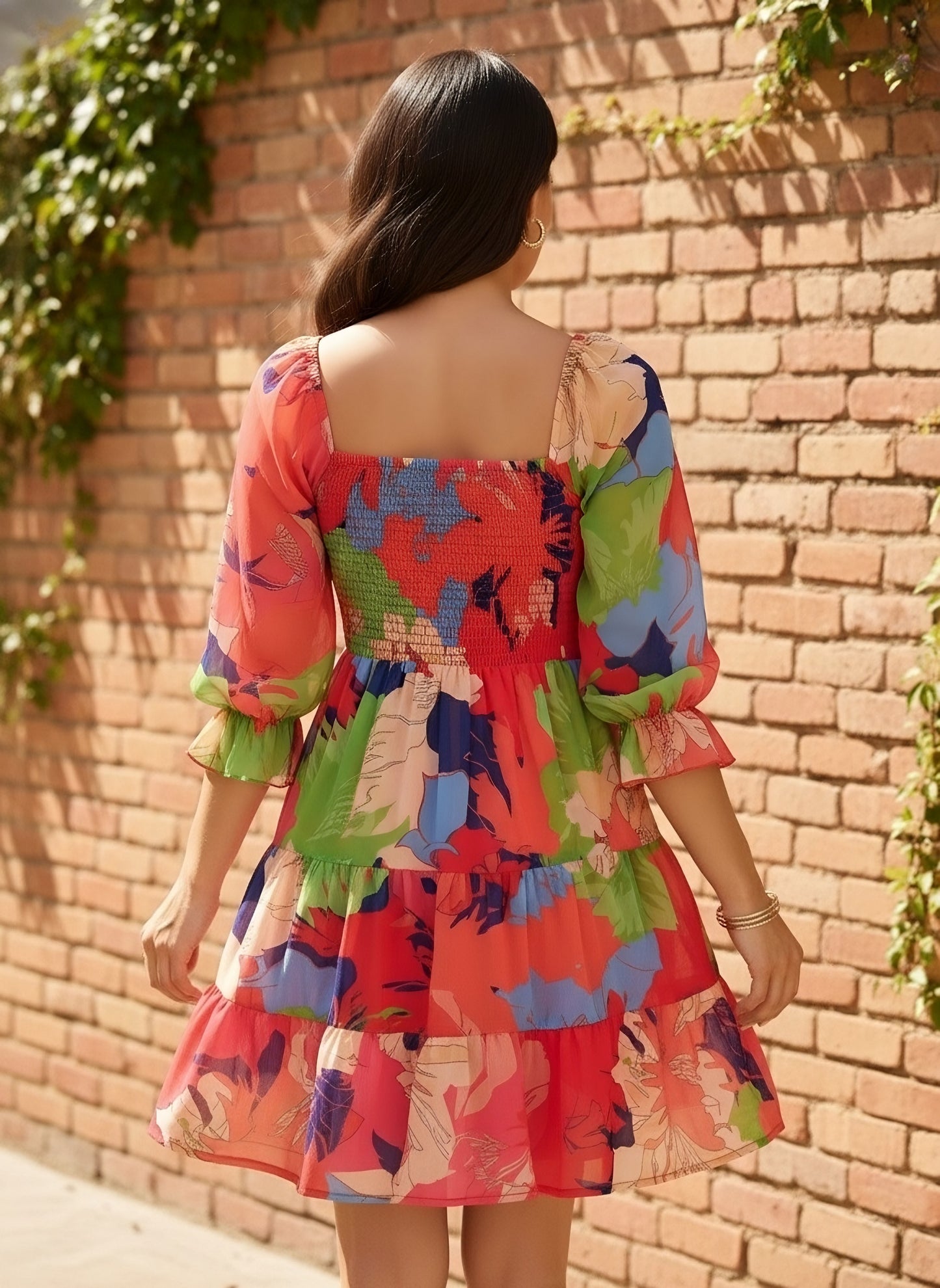 Berrylush Women Red Floral Print Square Neck Smocked Fit & Flare Mini Dress