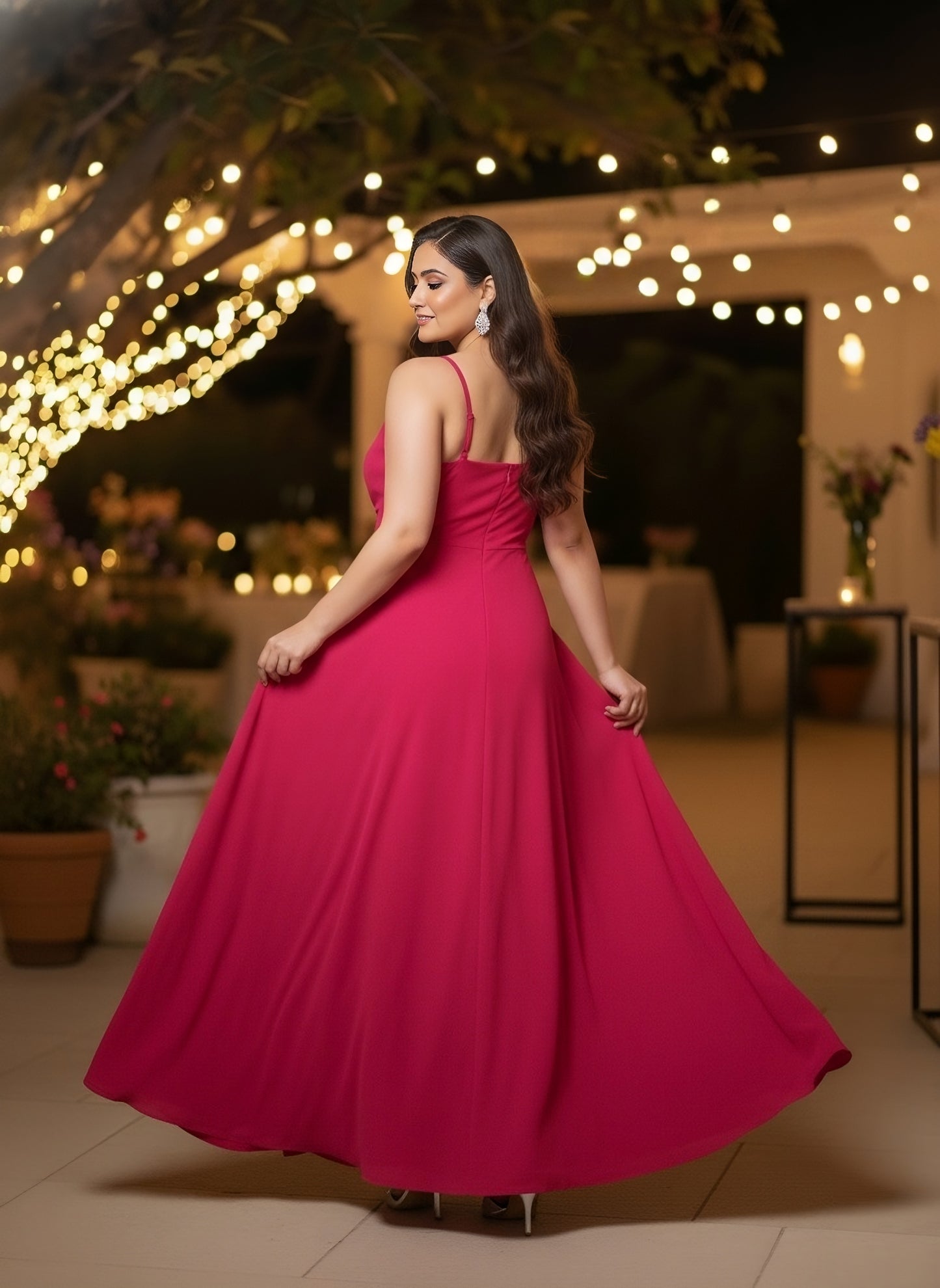 Berrylush Women Plus Size Solid Pink V-Neck Sleeveless Crepe Thigh-High Slit Fit & Flare Wrap Maxi Dress