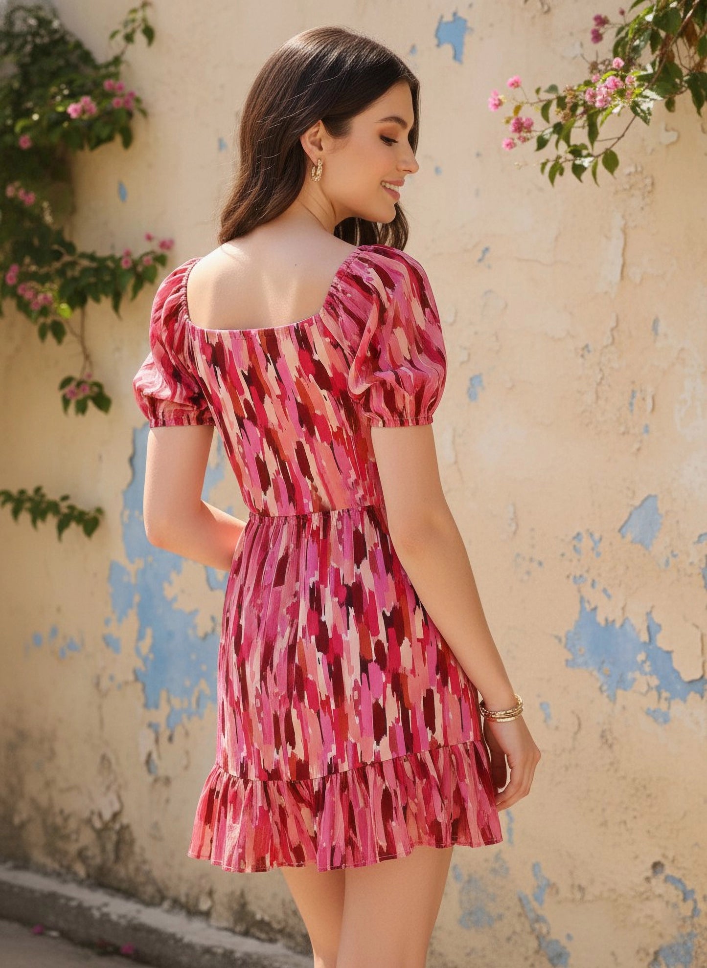 Berrylush Women Pink & Maroon Abstract Printed Sweetheart Neck Ruffled A-Line Mini Dress