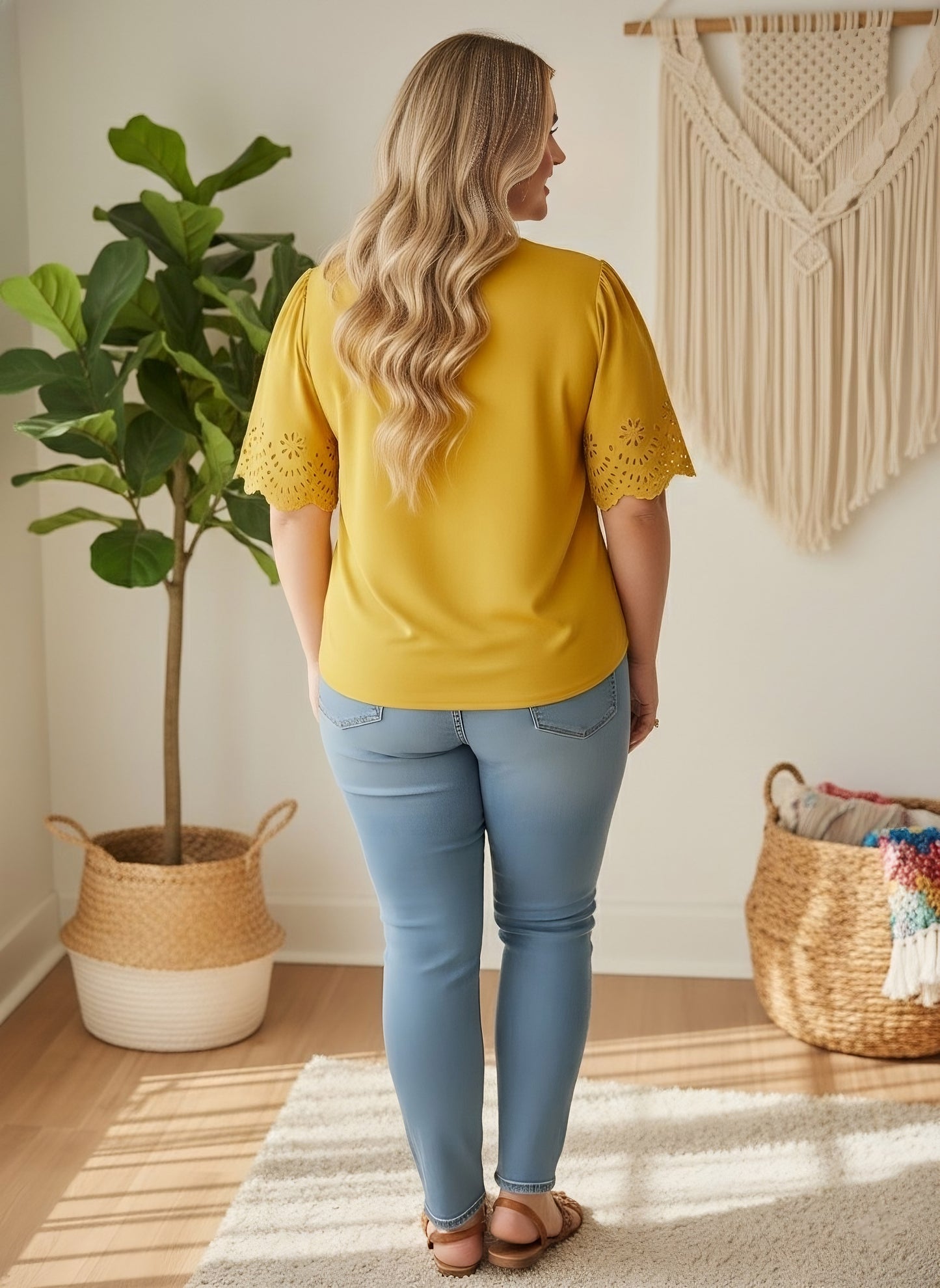 Berrylush Women Plus Size Solid Yellow V-Neck Cutout Sleeve Crepe Regular Top