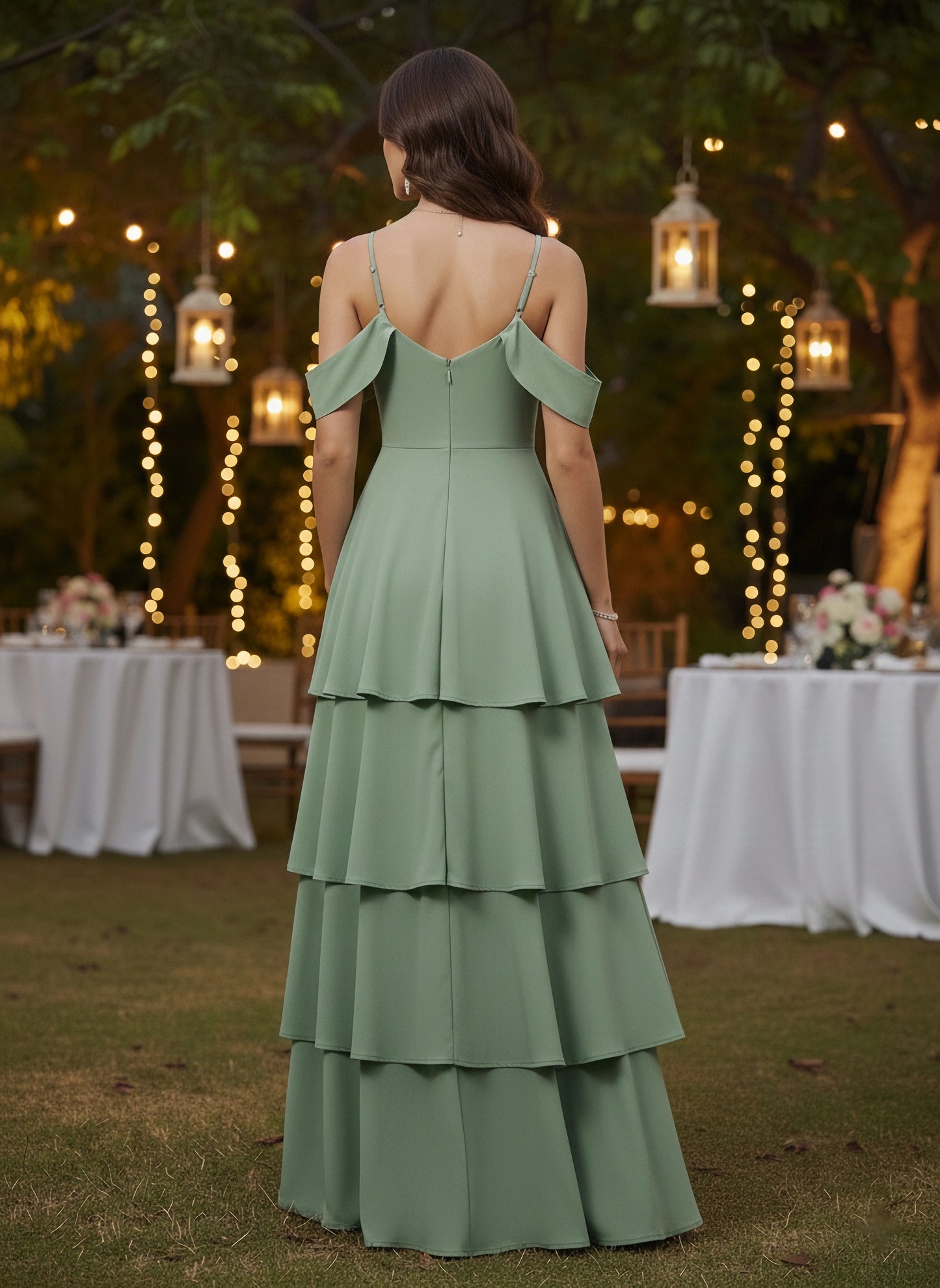 Berrylush Women Solid Green V-Neck Cold-Shoulder Flounce Hem Layered A-Line Maxi Dress