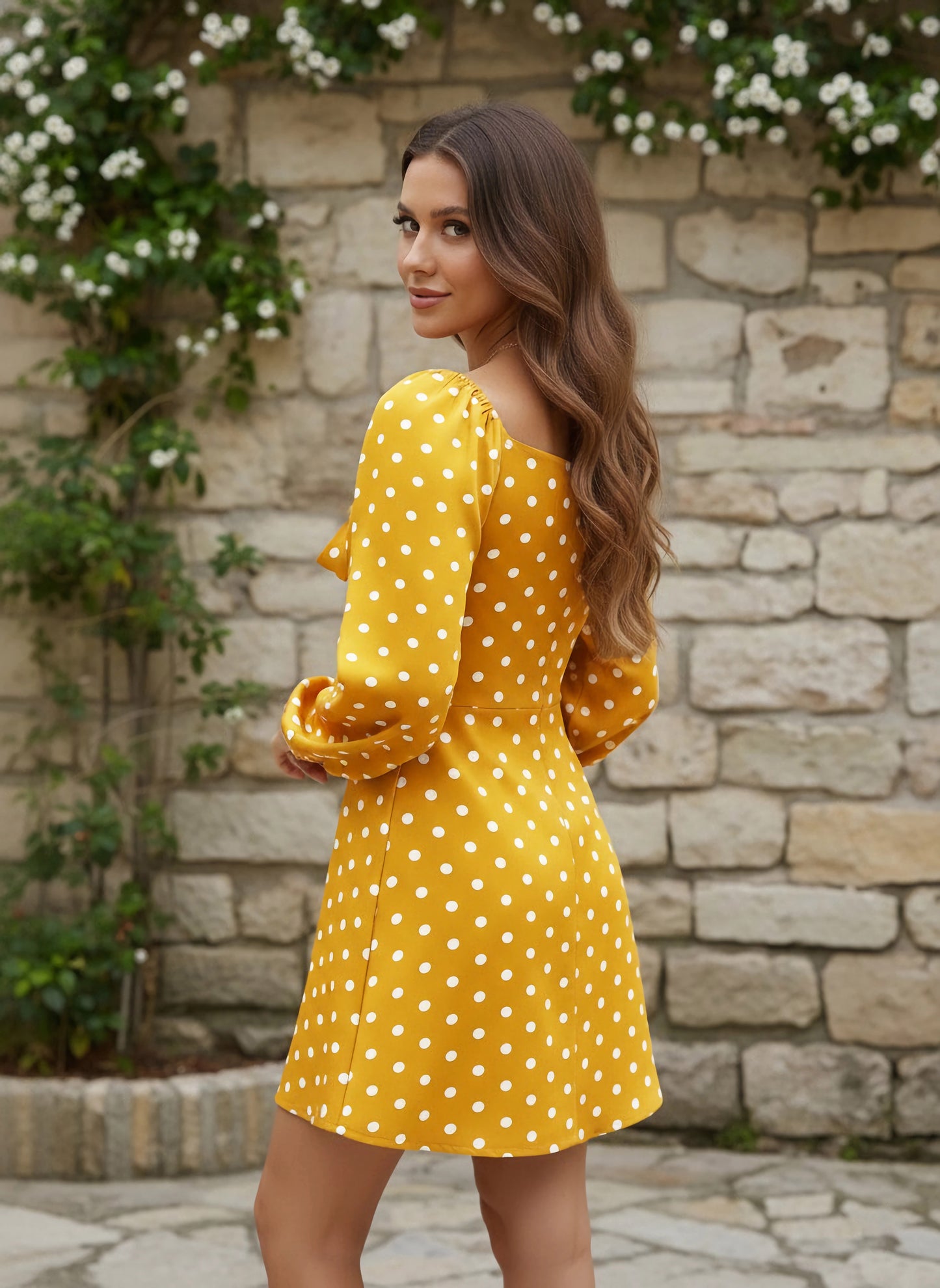 Berrylush Women Yellow Polka Dot Printed Tie-Up Sweetheart Neck Flared A-Line Mini Dress