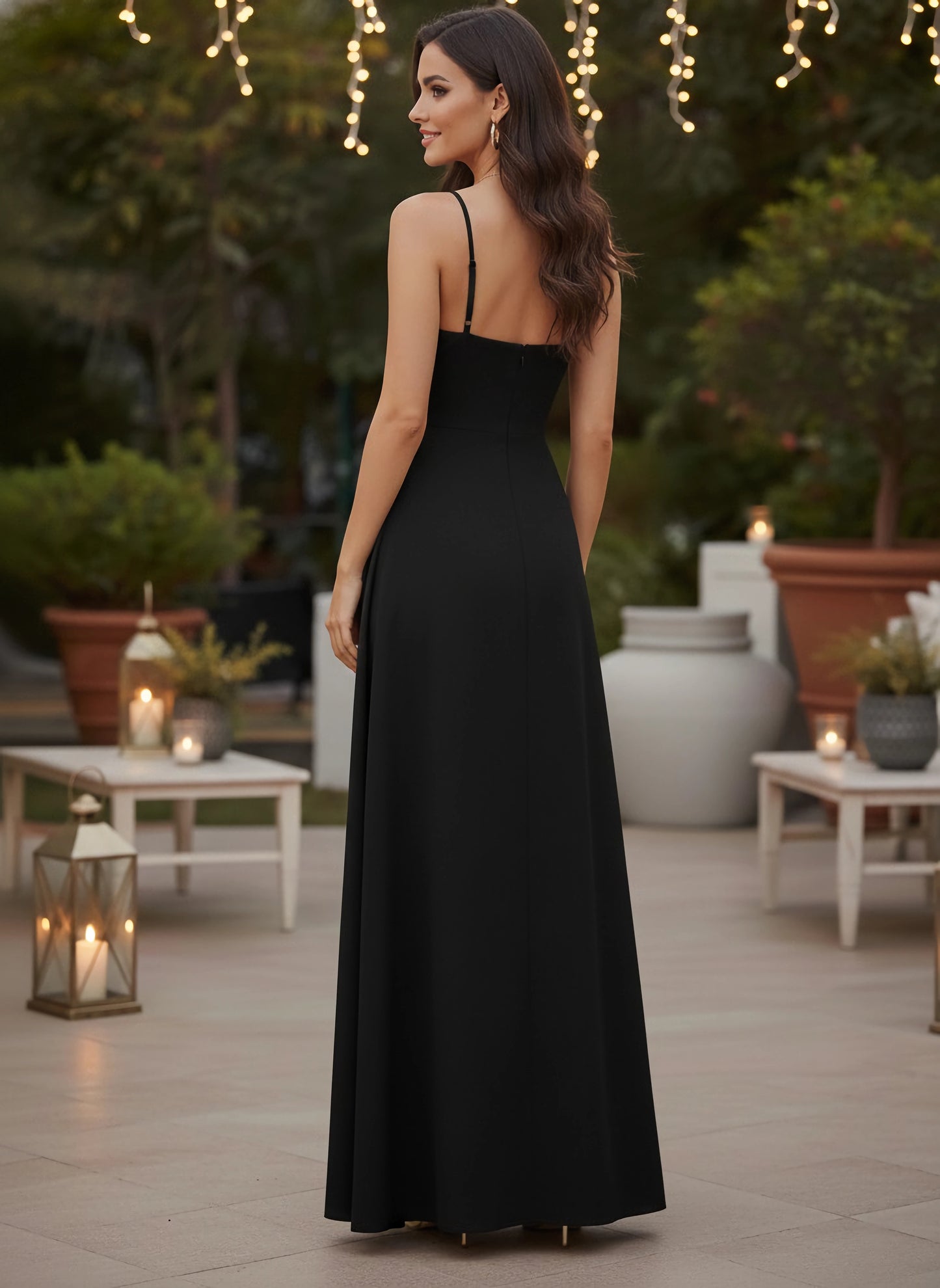 Berrylush Women Solid Black V-Neck Sleeveless Crepe Thigh-High Slit A- Berrylush Women Solid Black V-Neck Sleeveless Crepe Thigh-High Slit A-