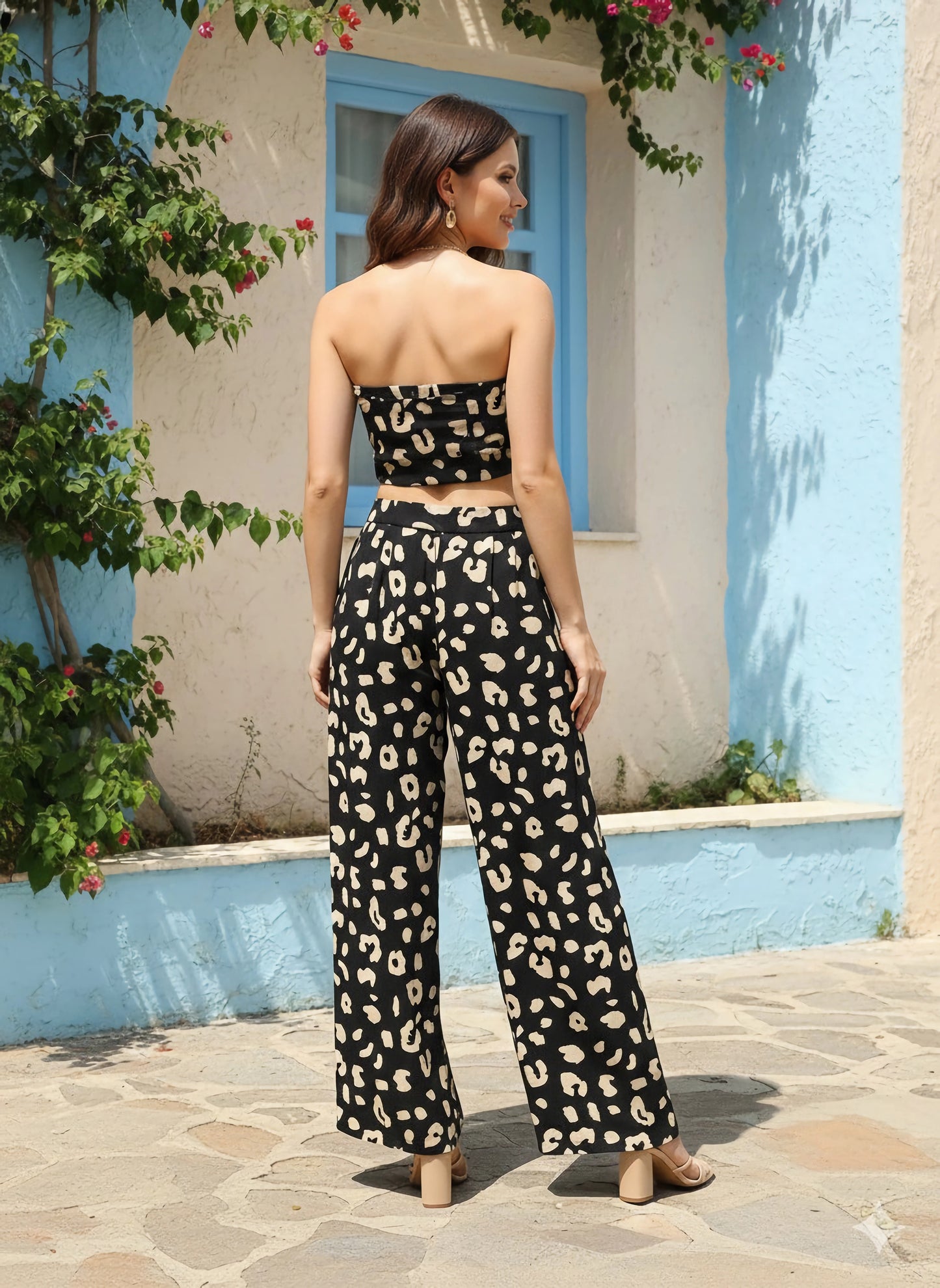 Berrylush Women Black & Beige Animal Printed Strapless Neck Front Tie-Up Tube Crop Top & Regular Palazzos Co-Ord Set