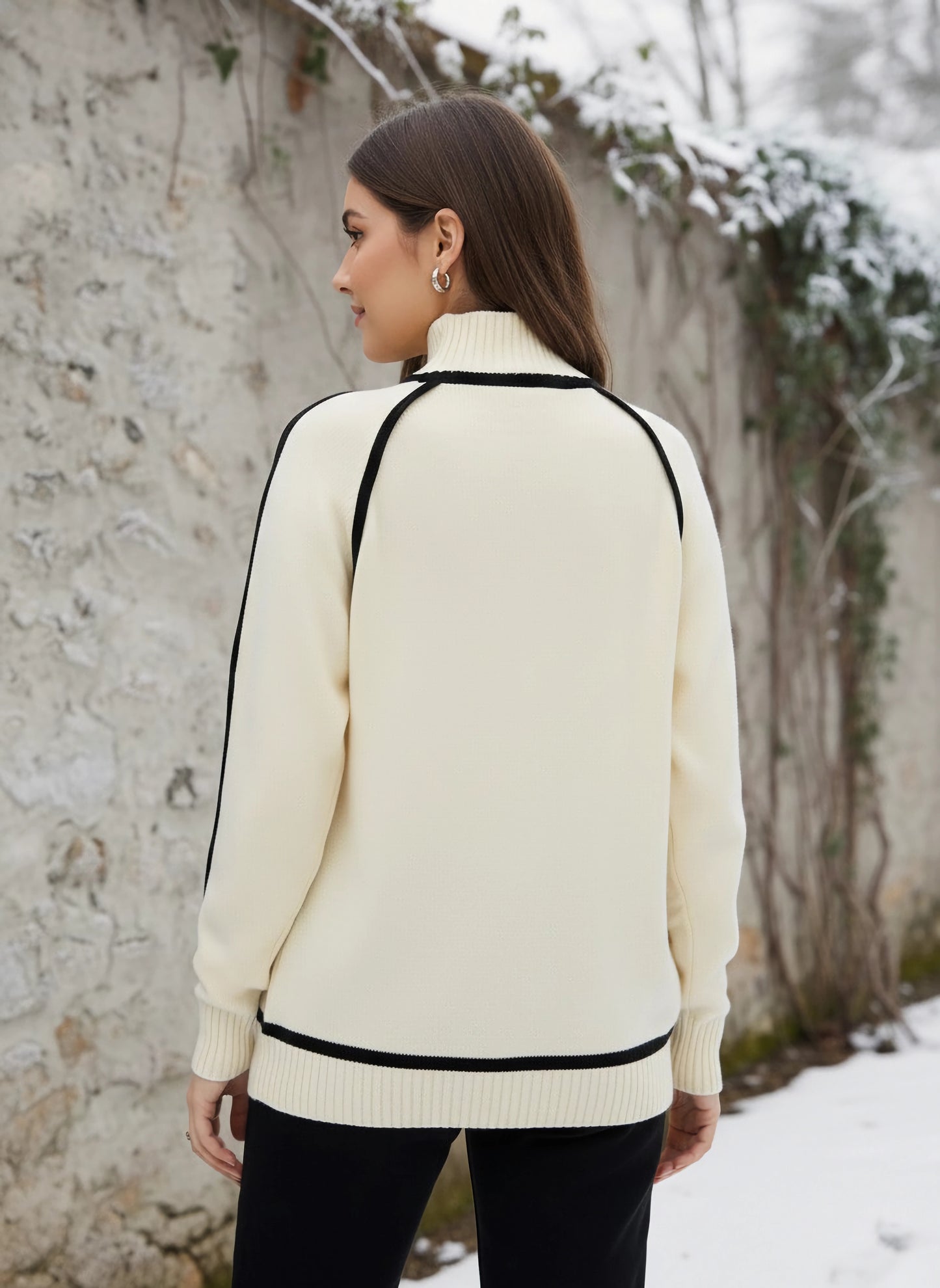 Berrylush Women Solid Off-White & Black Turtle-Neck Drop-Shoulder Sleeves Acrylic Ribbed Hem Knitted Regular Pullover