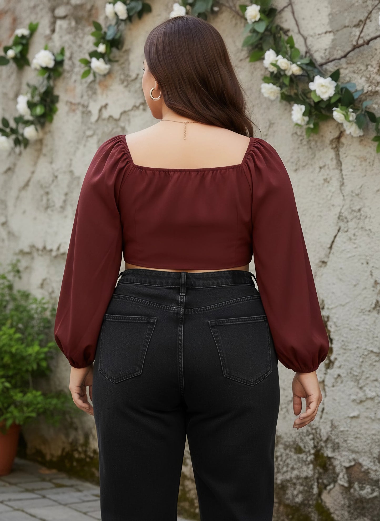 Berrylush Women Plus Size Solid Maroon Sweetheart Neck Front Tie-Up Cropped Top