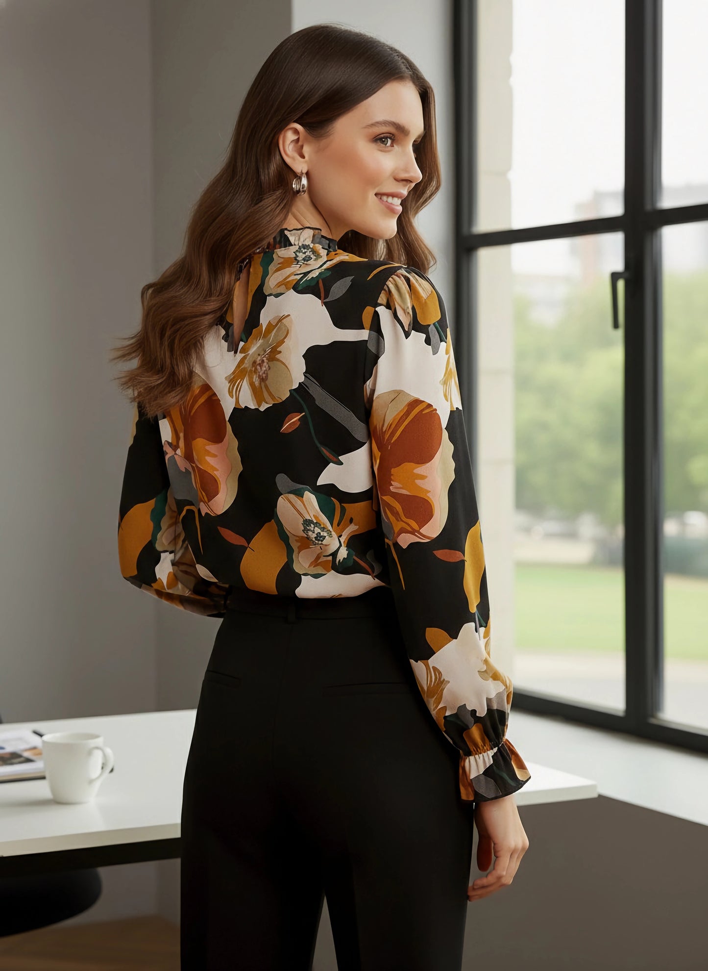 Berrylush BIZwear Women Black & Orange Floral Printed High-Neck Bishop Sleeve Ruffled Regular Top