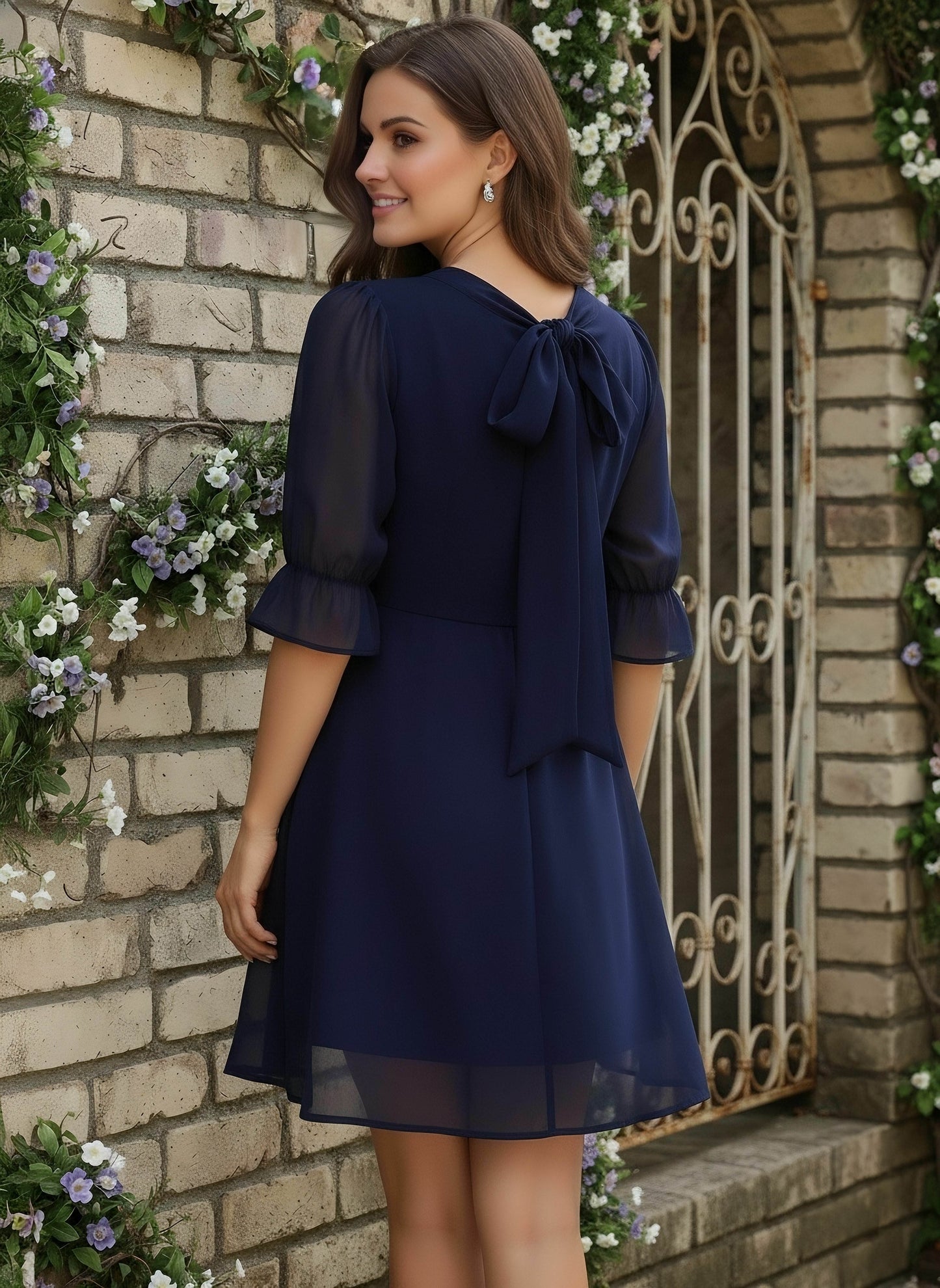 Berrylush Women Solid Navy Blue Elasticated Sleeve Tie-Knot Mini Dress