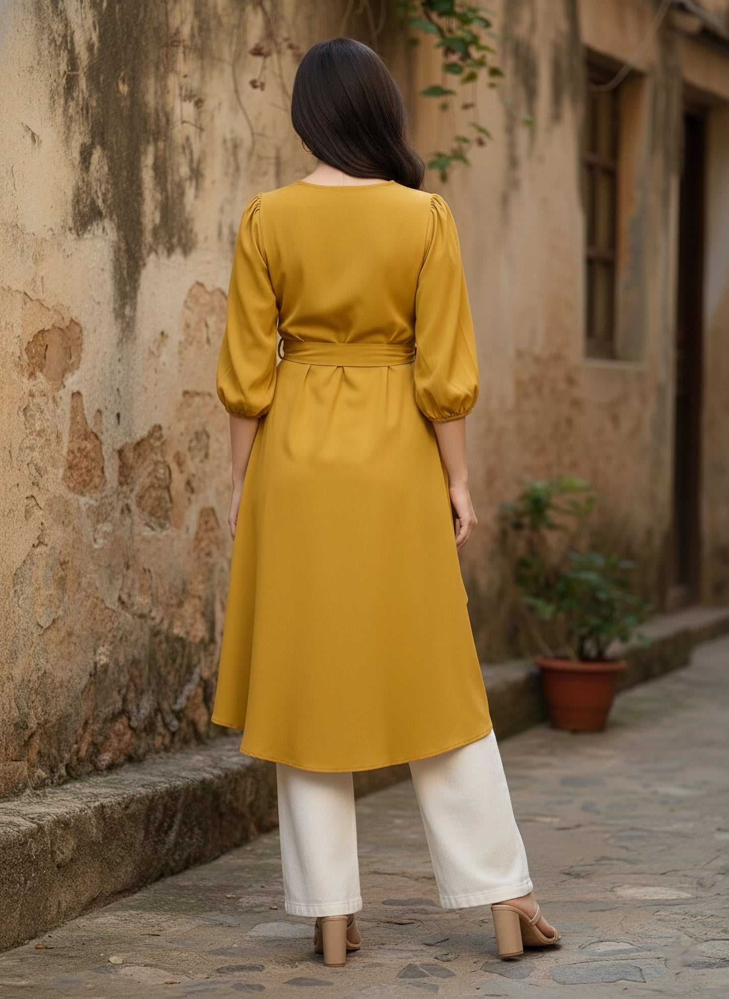 Solid Yellow V-Neck Bishop Sleeves Tie-Up Waist High-Low Hem Pleated Longline Top