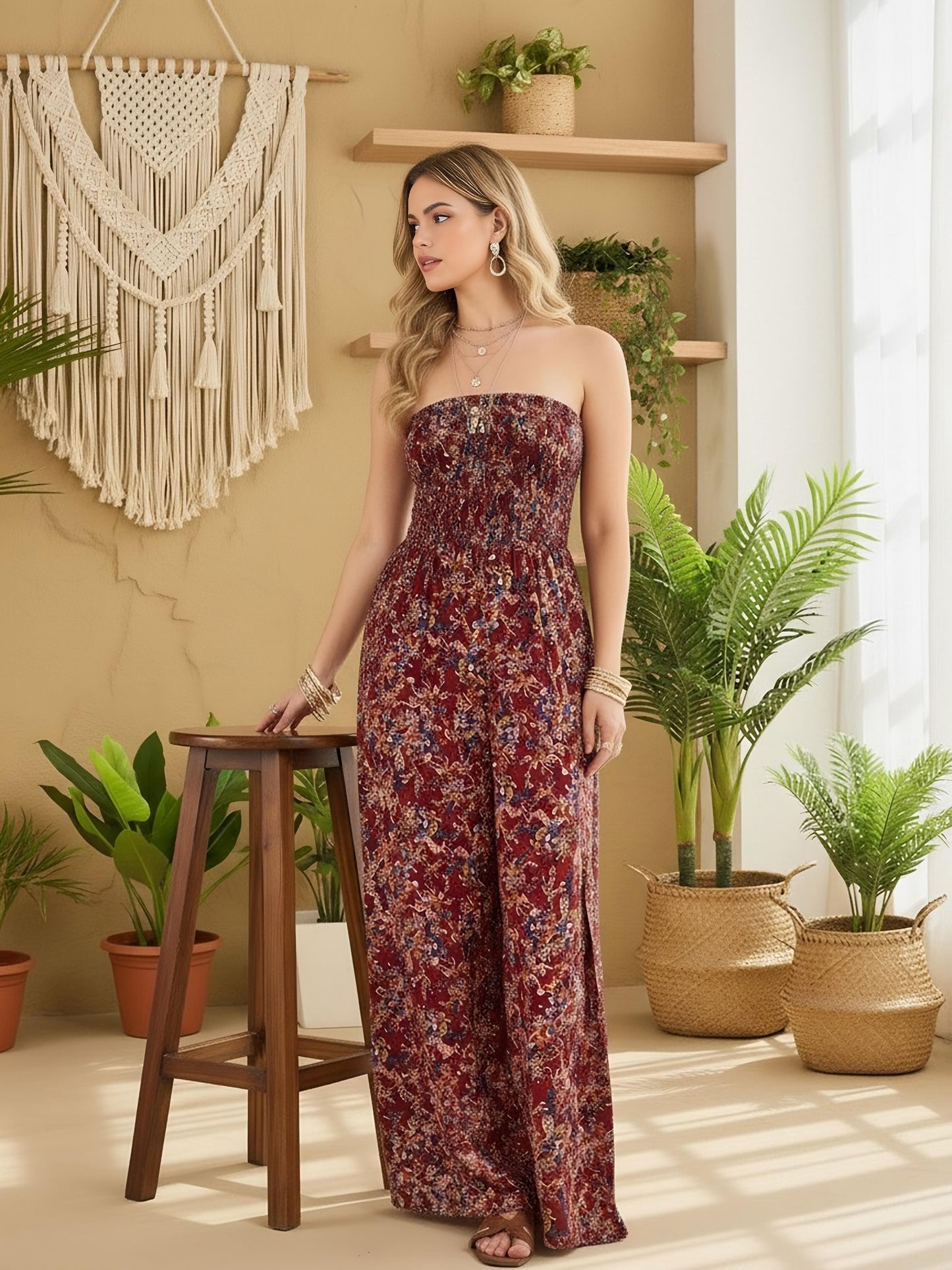 Berrylush Women Maroon & White Floral Printed Strapless Neck Sleeveless Wide-Leg Thigh-High Slit Smocked Maxi Jumpsuit