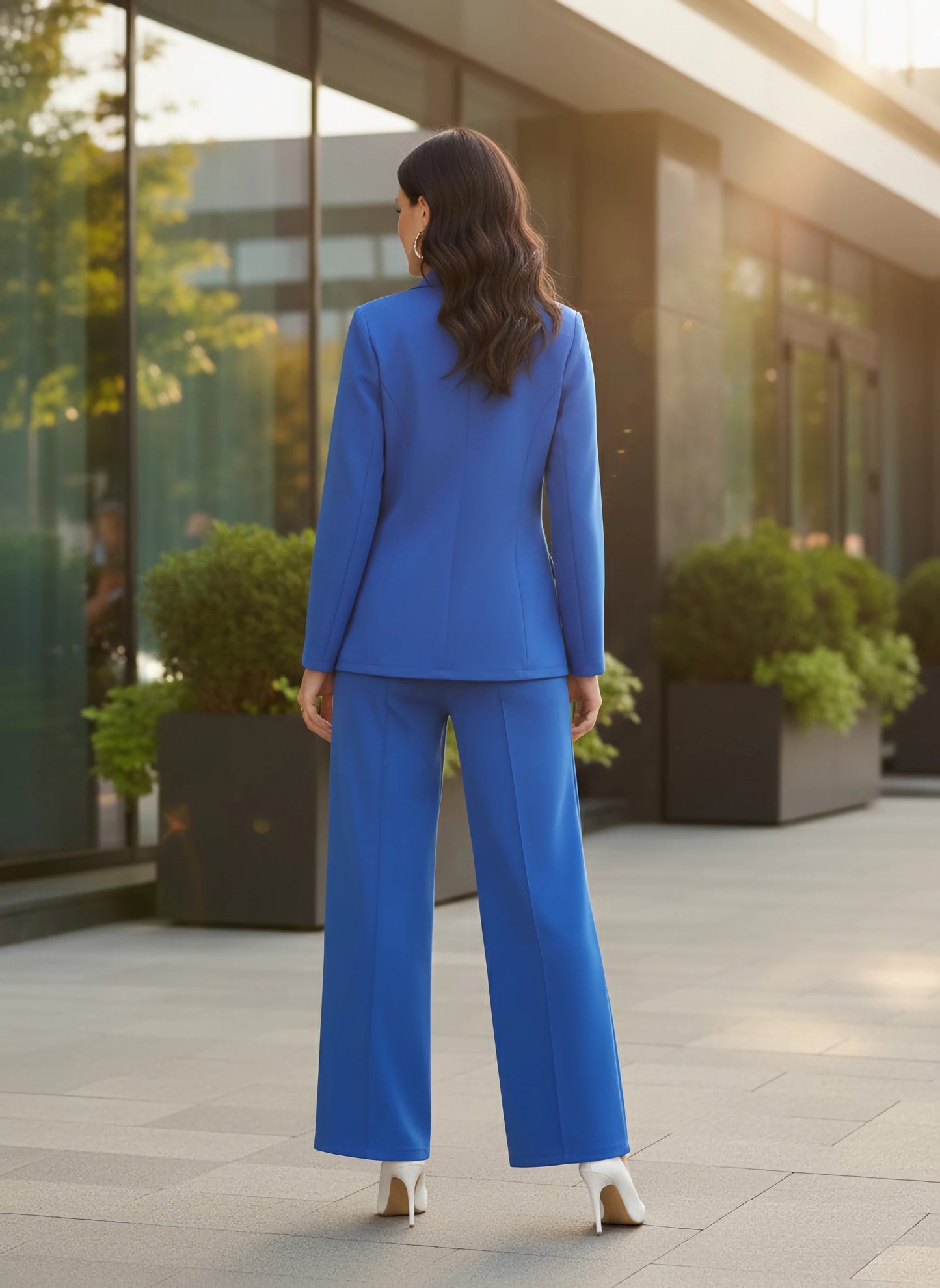 Berrylush BIZwear Women Solid Blue Collared Neck Long Sleeves Regular Blazer & High-Rise Waist Straight Leg Trousers Co-Ord Set