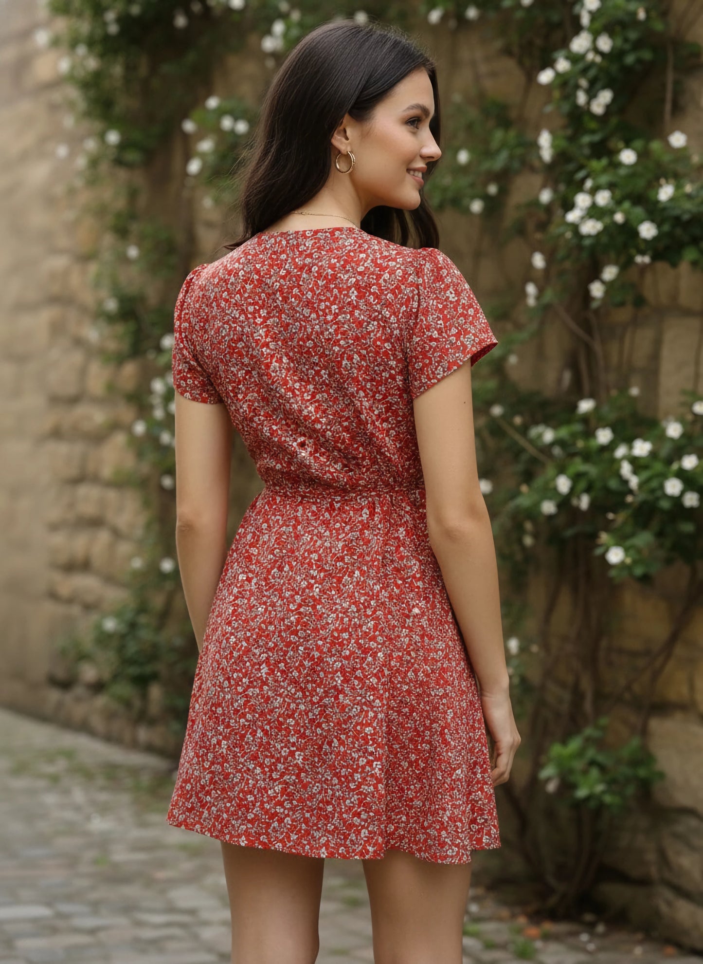 Berrylush Women Red Floral Printed A-Line Mini Wrap Dress