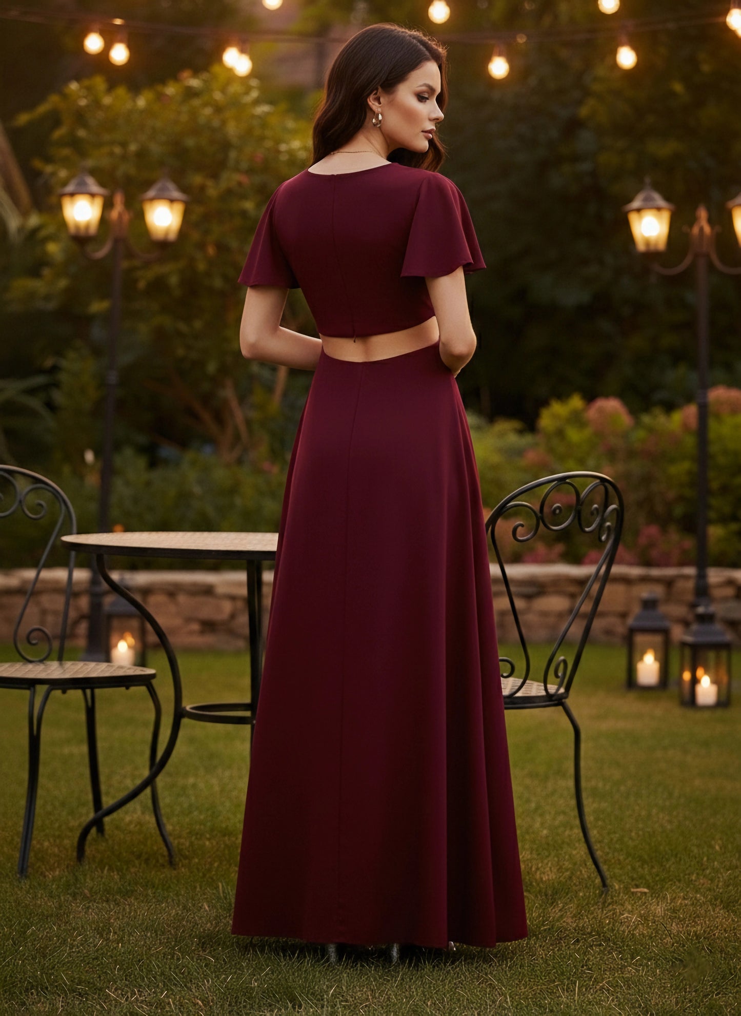 Solid Maroon Round Neck Cutout Crepe Thigh-High Slit Fit & Flare Maxi Dress