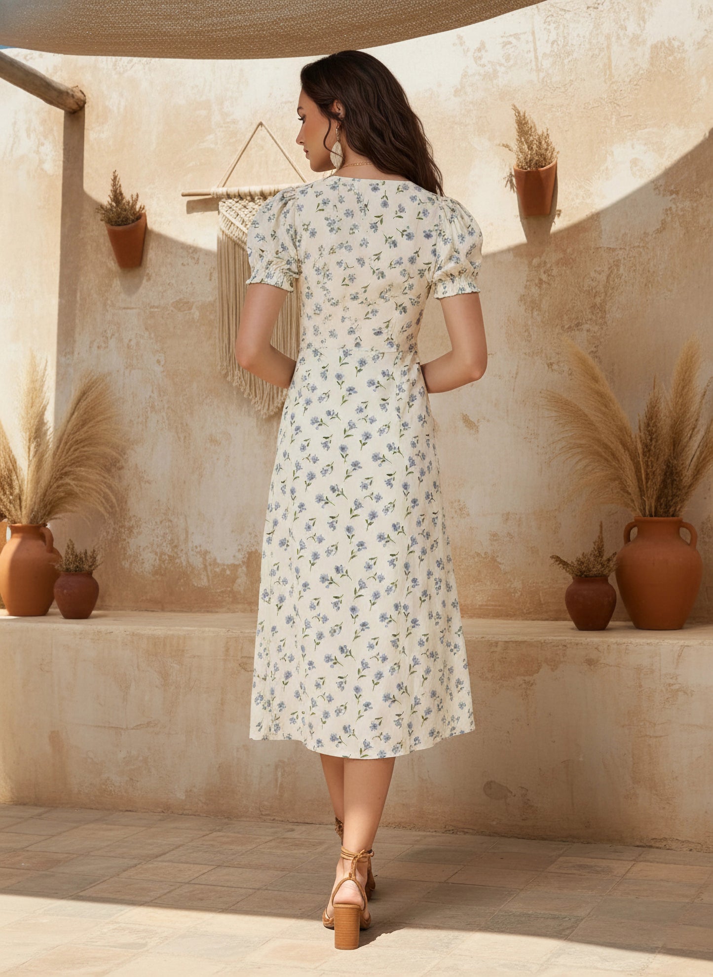 Berrylush Women White & Blue Floral Printed Sweetheart Neck Thigh-High Slit Pleated A-Line Midi Dress