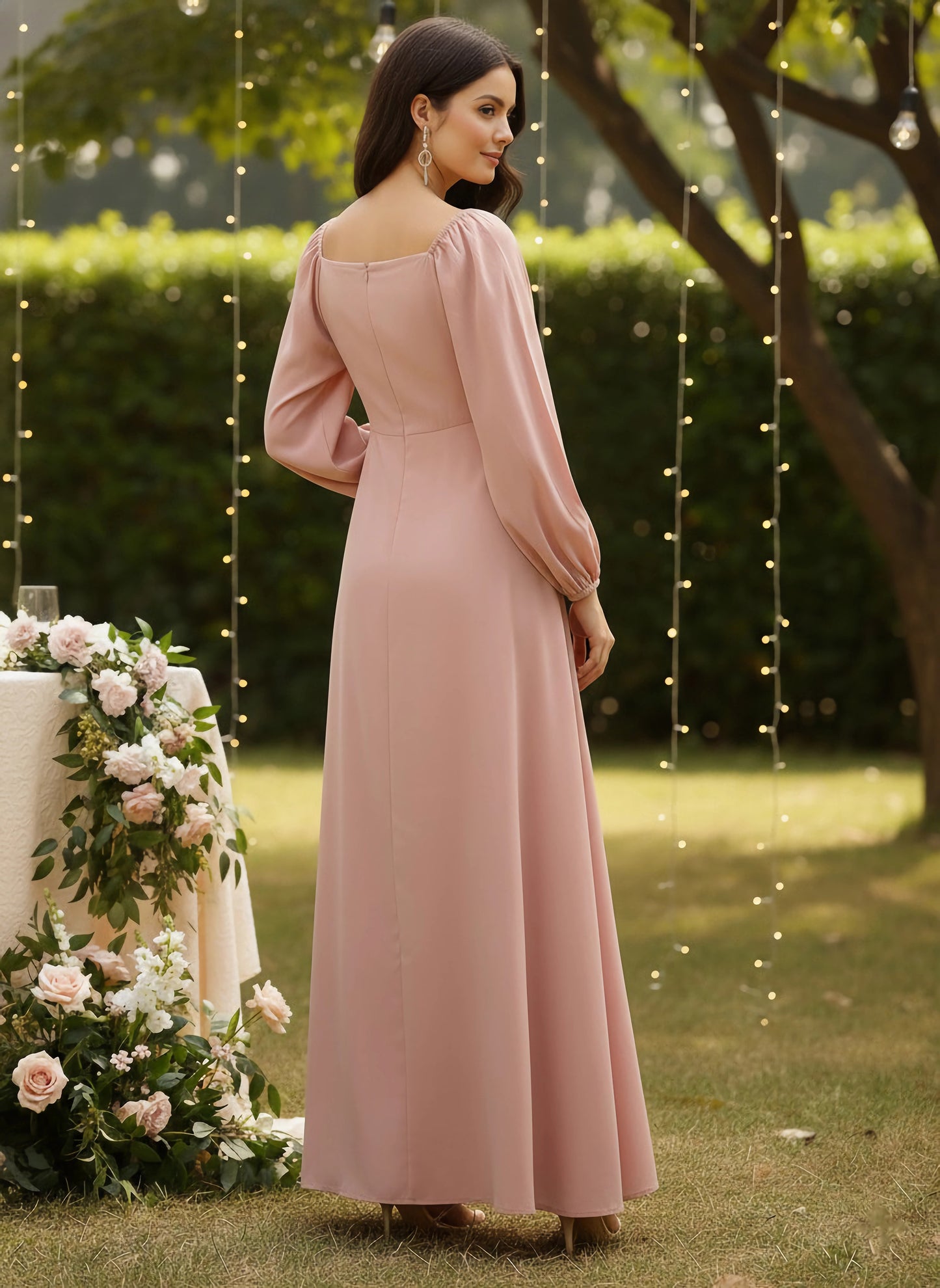 Berrylush Women Solid Peach Square Neck Slim-Fit Maxi Dress