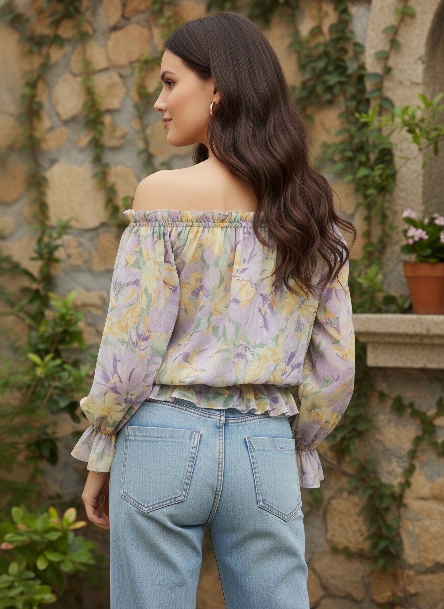 Purple & Yellow Floral Printed Off-Shoulder Neck Tie-Up Ruffled Regular Peplum Top