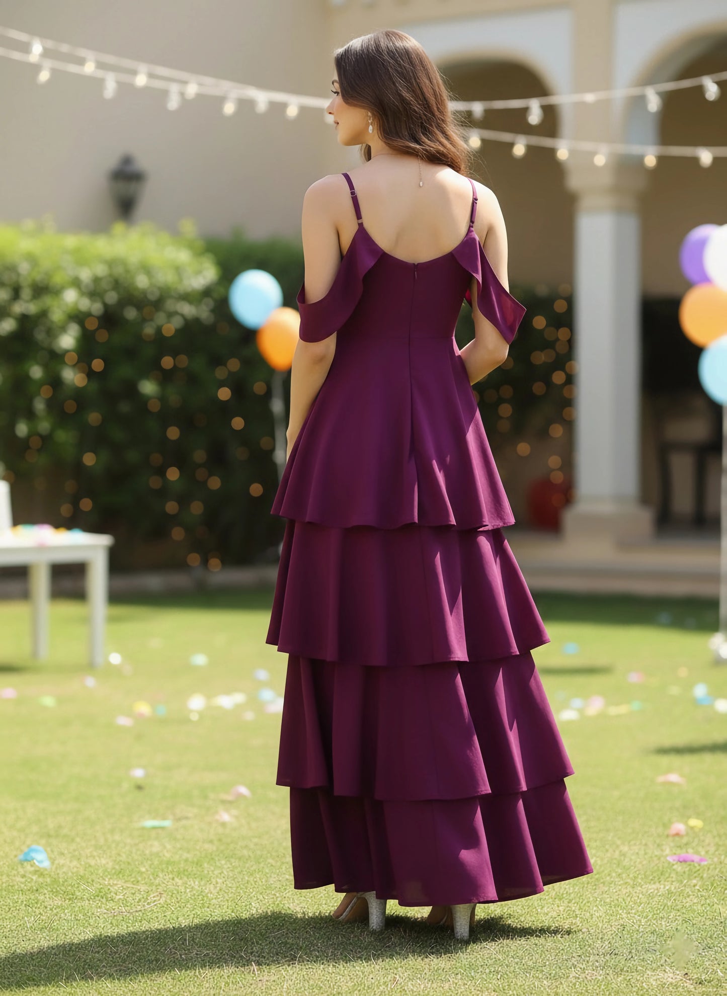 Berrylush Women Solid Purple V-Neck Crepe Layered Maxi Dress