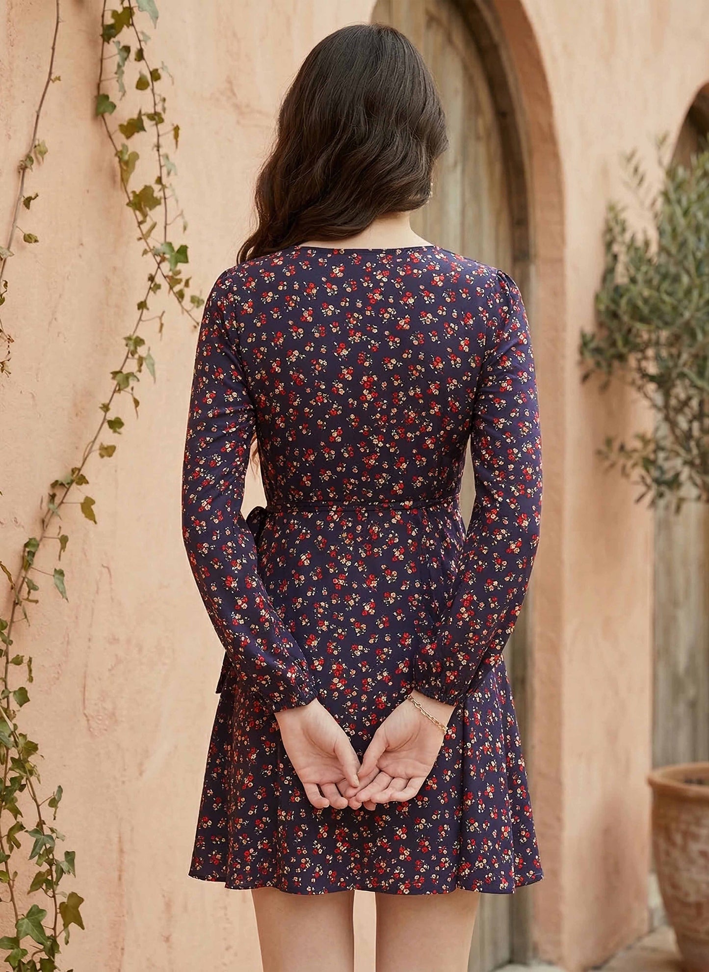 Berrylush Women Navy Blue Floral Printed Fit & Flare Wrap Mini Dress