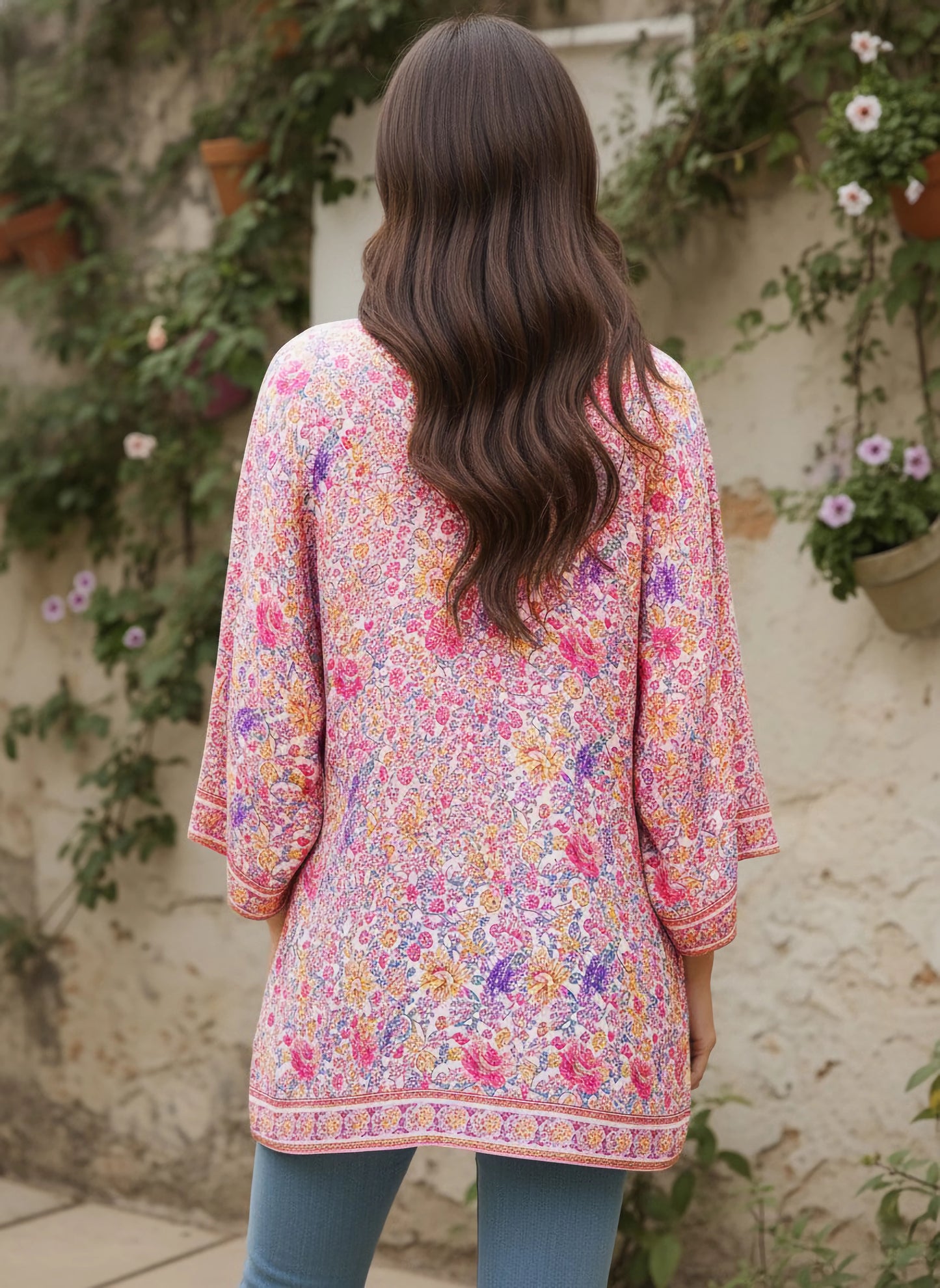 Berrylush Women Pink & White Floral Printed Open-Front Straight Hem Regular Shrug