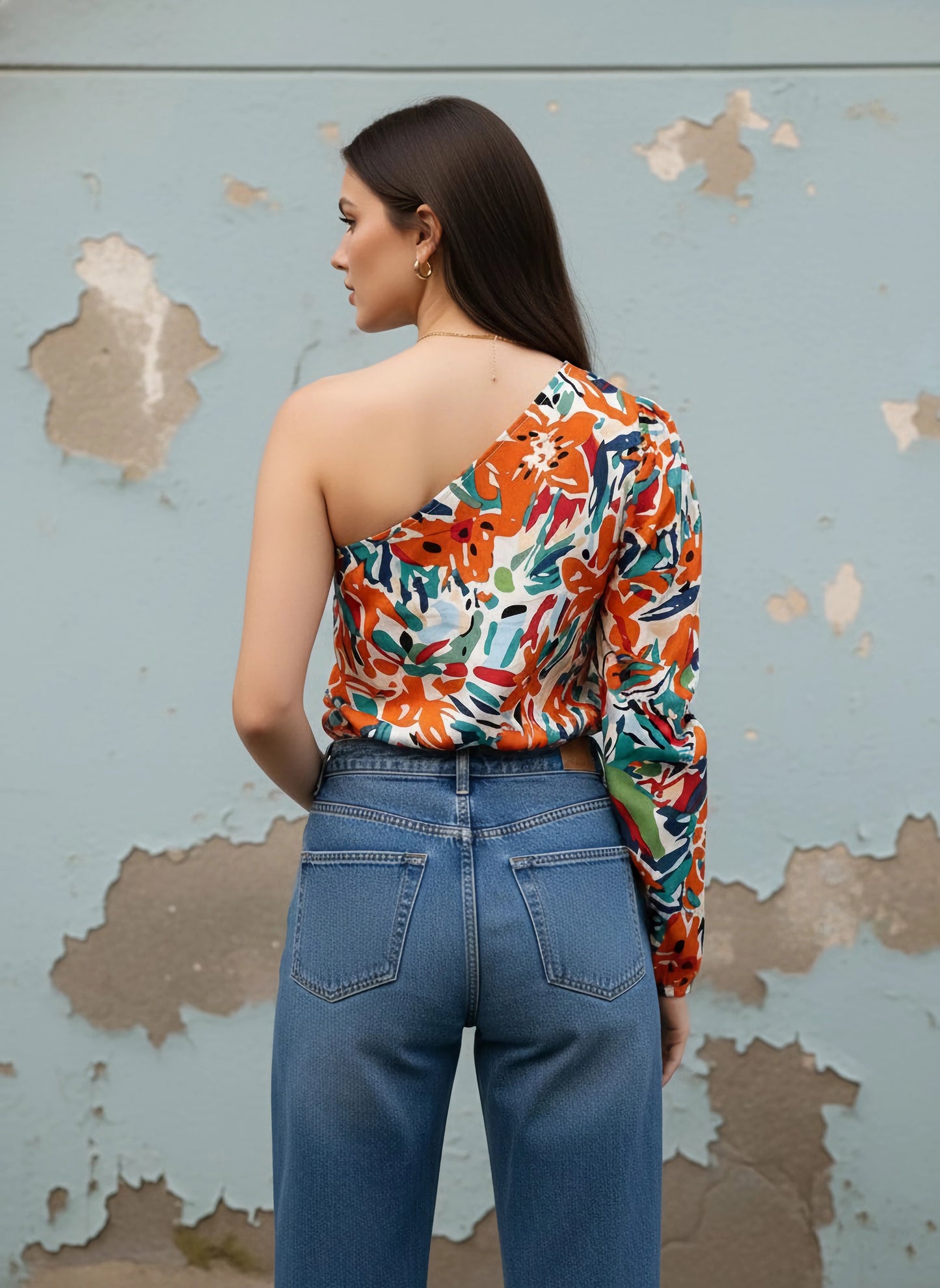 Berrylush Women White & Multicolour Abstract Printed One-Shoulder Neck Crepe Woven Regular Top