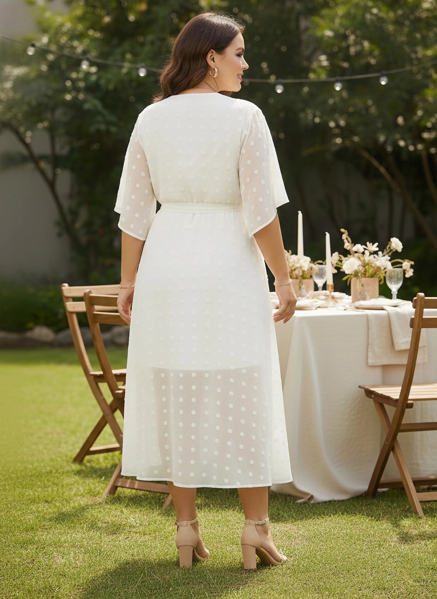 Plus Size Swiss Dot White V-Neck Batwing Sleeve Tie-Up Waist Georgette Fit & Flare Wrap Maxi Dress