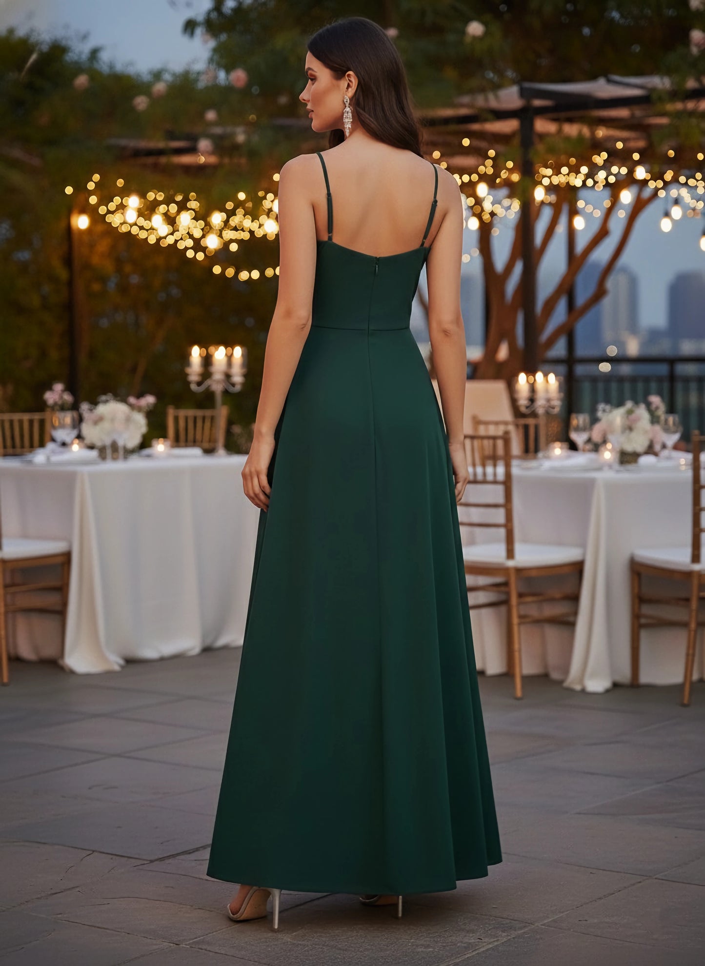 Berrylush Women Solid Green V-Neck Sleeveless Crepe Thigh-High Slit A-Line Maxi Dress