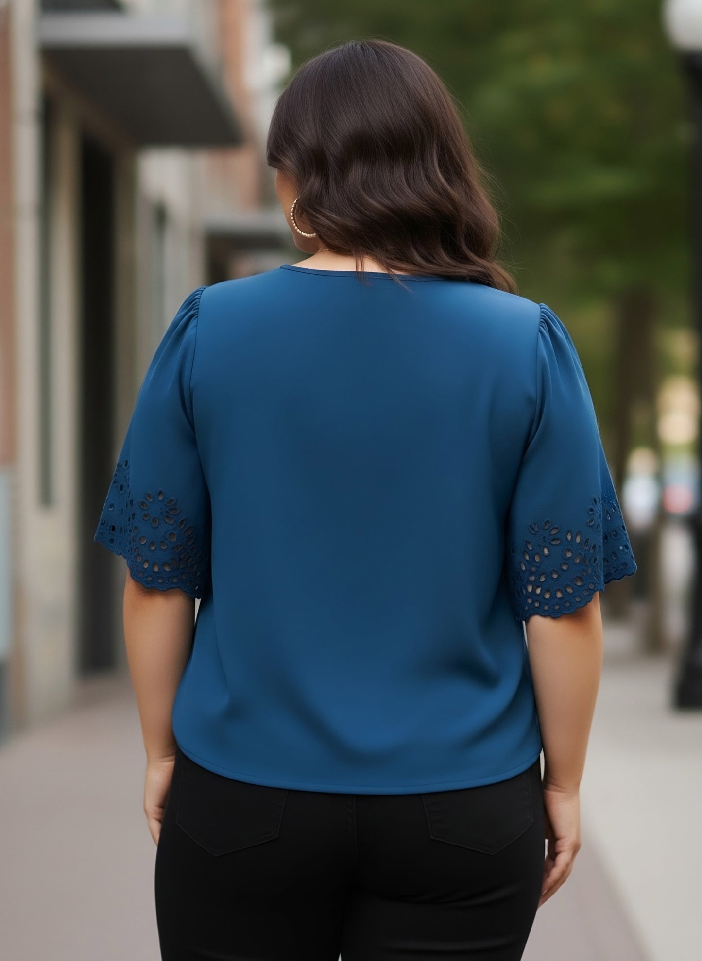 Berrylush Women Plus Size Solid Blue V-Neck Cutout Sleeve Crepe Regular Top