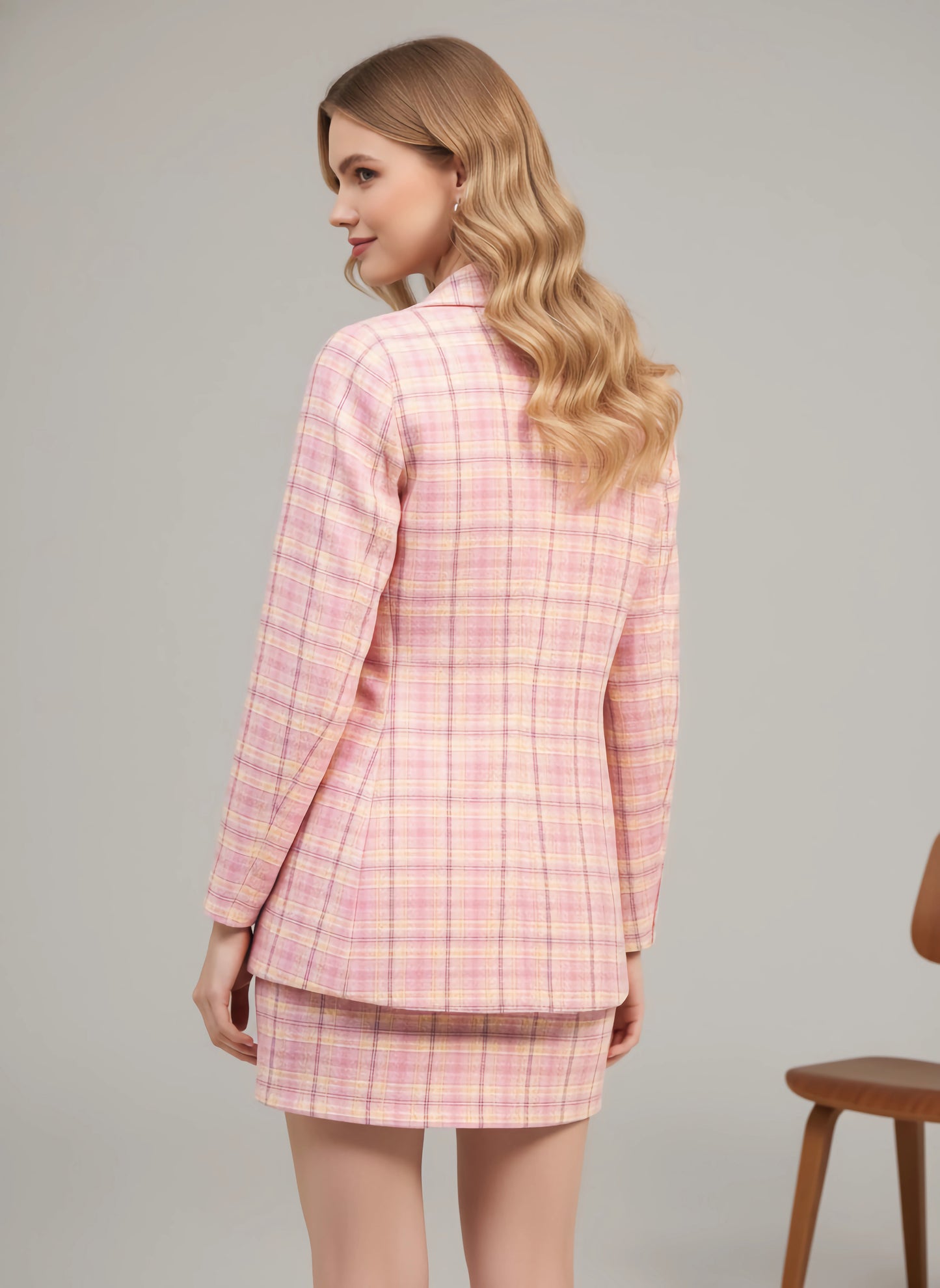 Berrylush Women Pink Notched Collar Neck Double Breasted Regular Blazer & Slip-On Mini Skirt Co-Ord Set