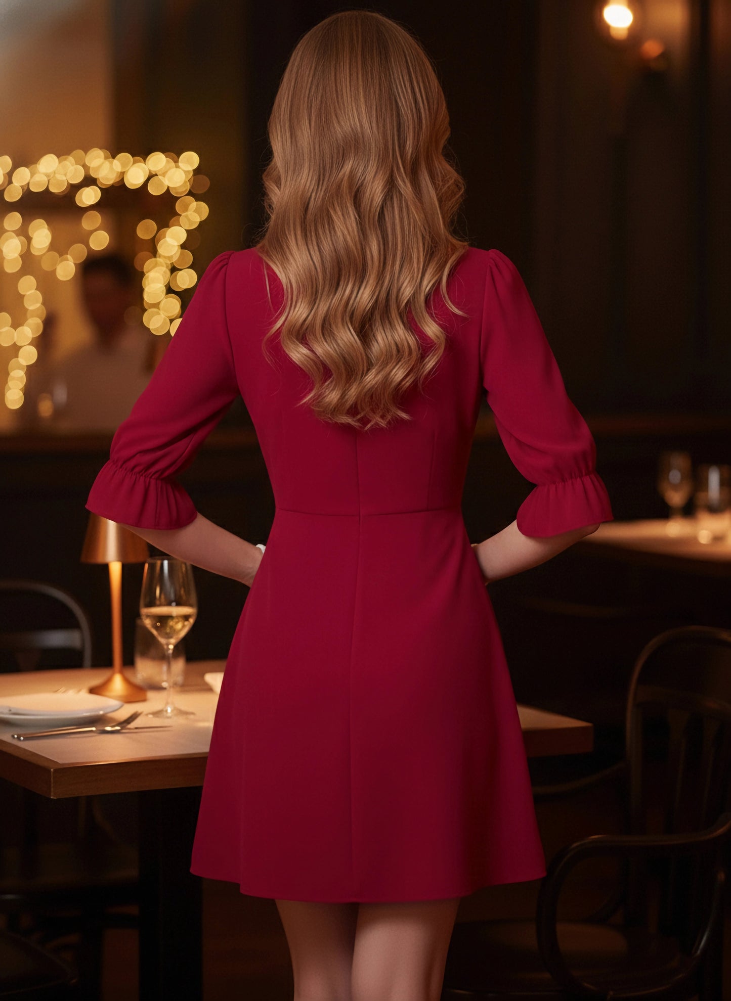 Solid Red Tie-Up Neck Puff Sleeves Semi-Sheer Fit & Flare Mini Dress