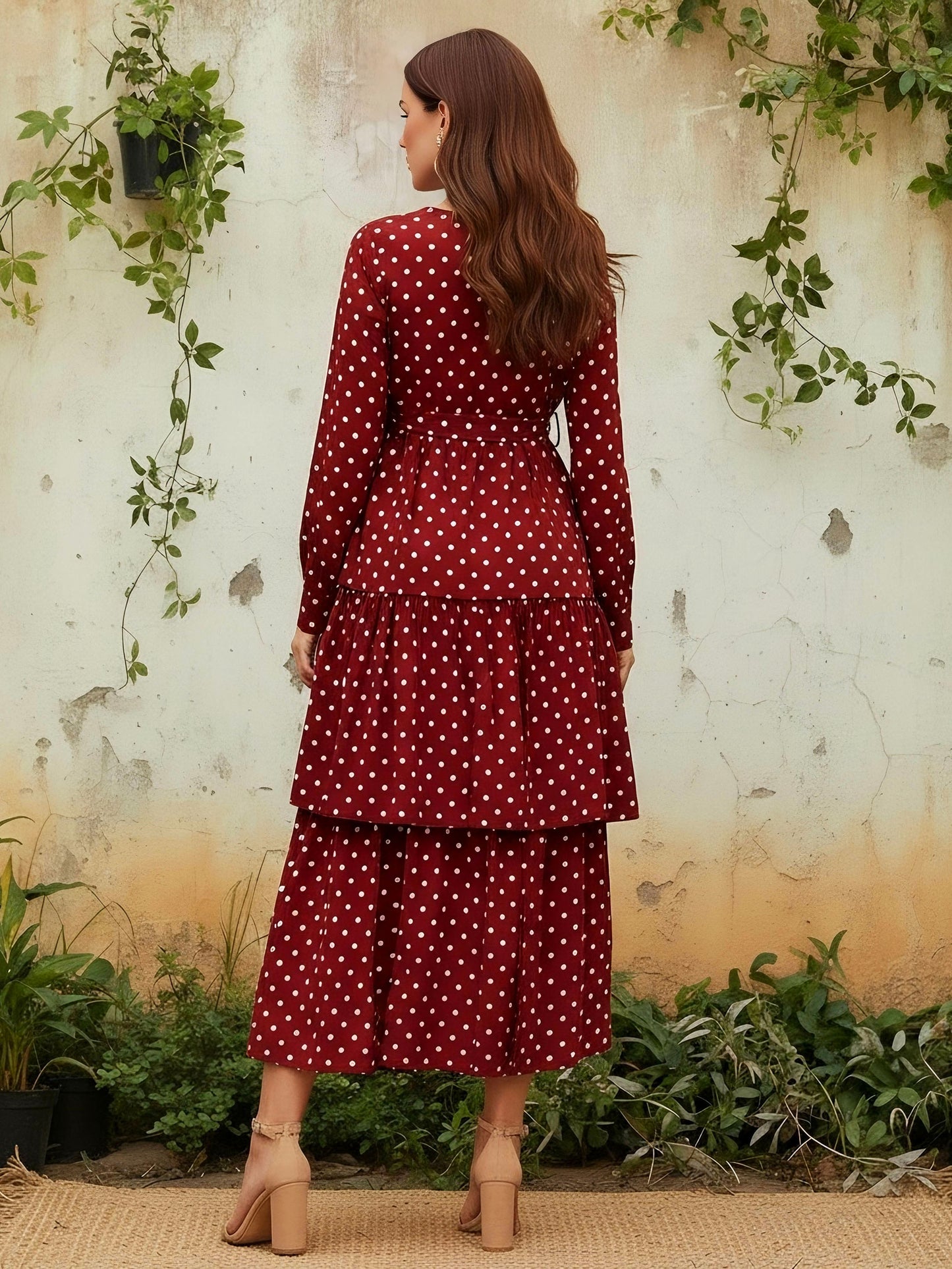 Berrylush Women Red Polka Dot Printed Round-Neck Tiered Fit & Flare Maxi Dress