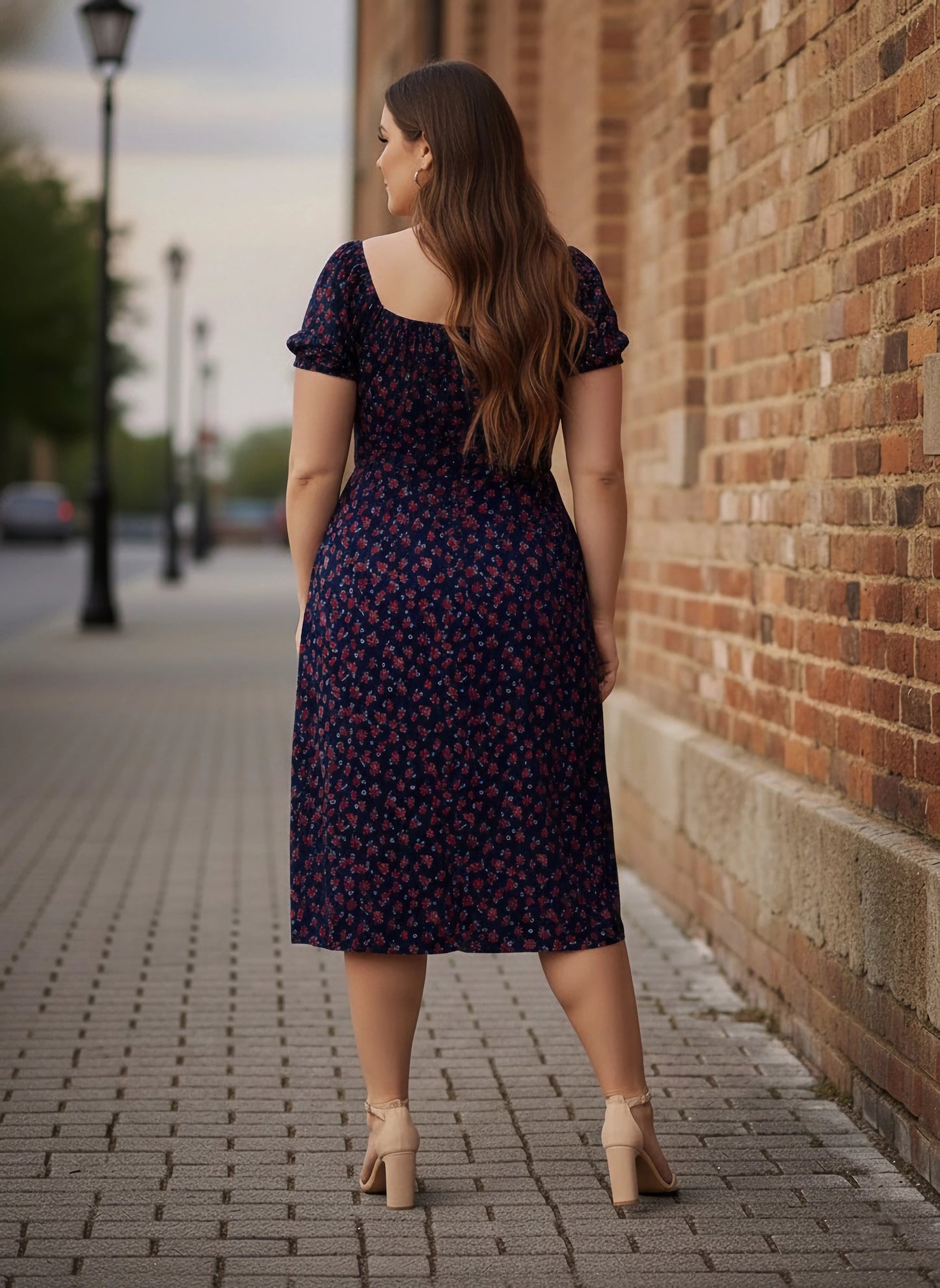 Plus Size Navy Blue & Red Floral Printed Square Neck Front Tie-Up Thigh-High Slit Flared A-Line Midi Dress