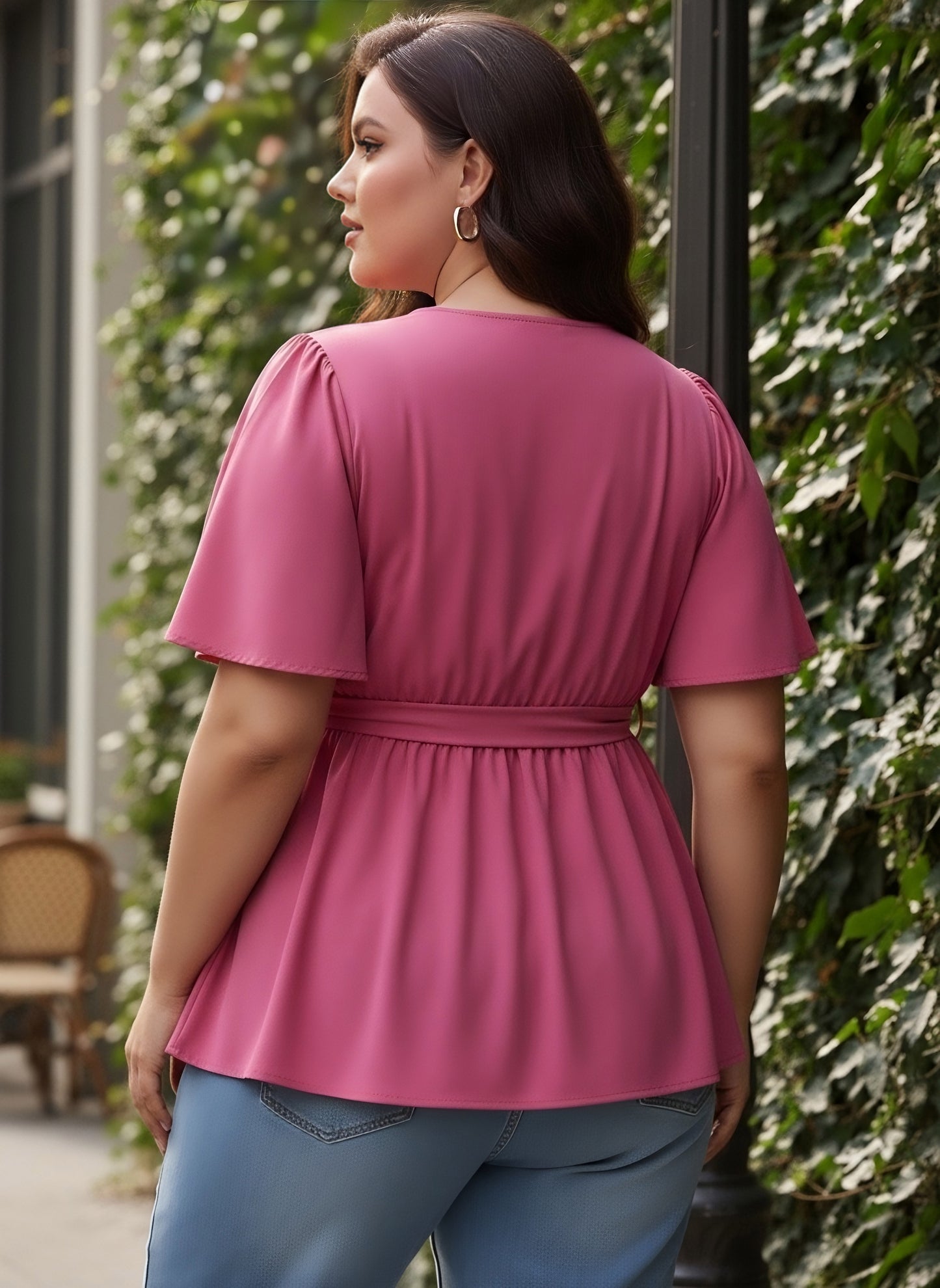 Berrylush Curve Women Solid Pink V-Neck Flared Sleeves Waist Tie-Up Pleated Regular Empire Top