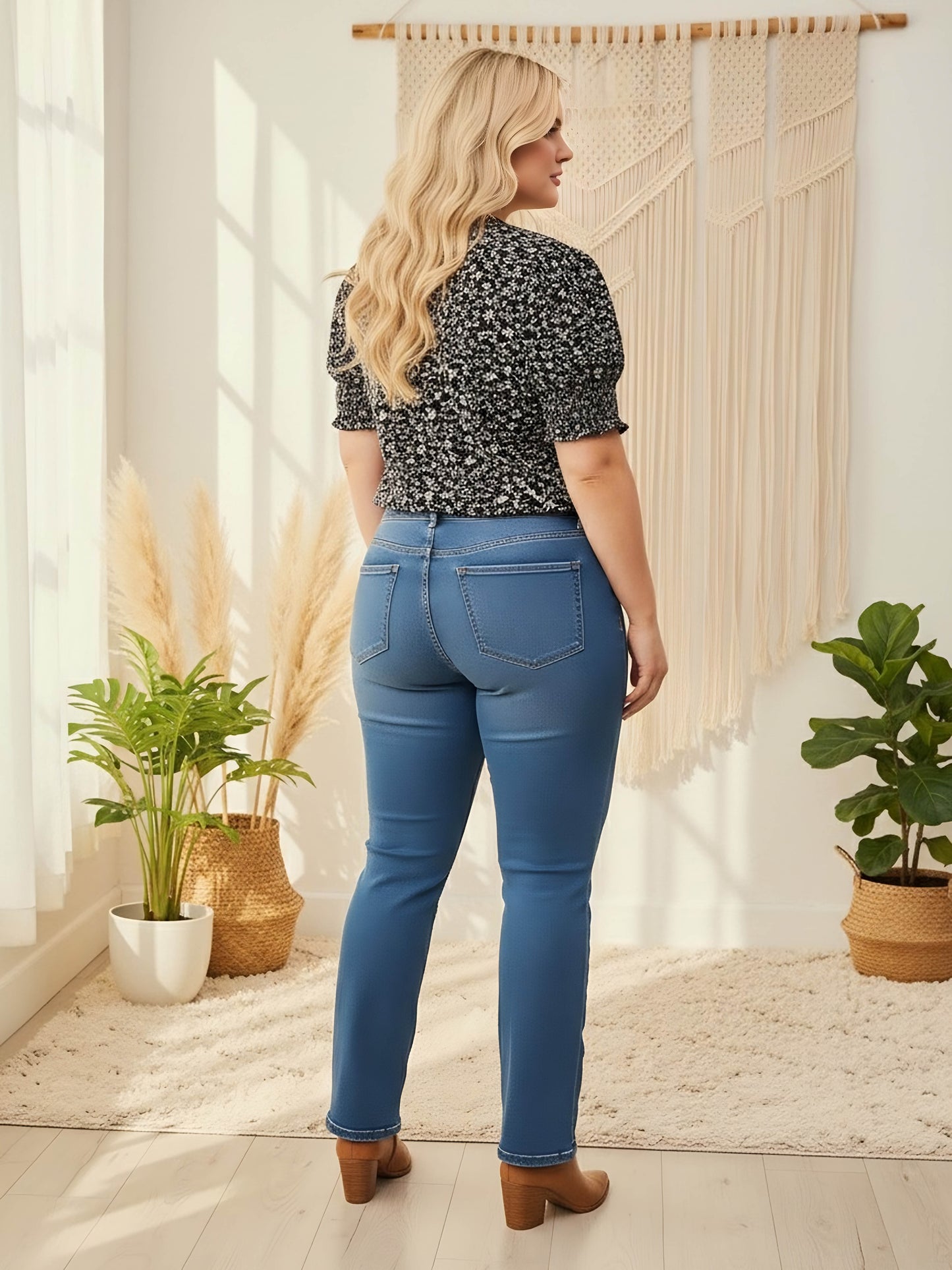 Berrylush Women Plus Size Black & White Floral Printed V-Neck Puff Sleeves Button-Up Smocked Regular Top