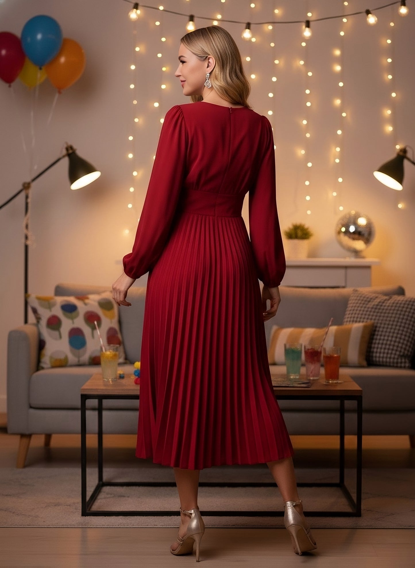 Berrylush Women Solid Red V-Neck Puff Sleeves Wrap Pleated A-Line Midi Dress