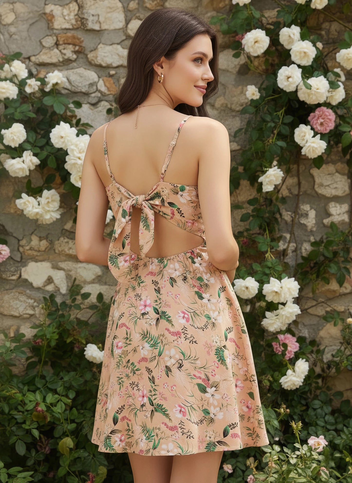 Berrylush Women Beige Floral Print Front Knot V-Neck Mini Dress