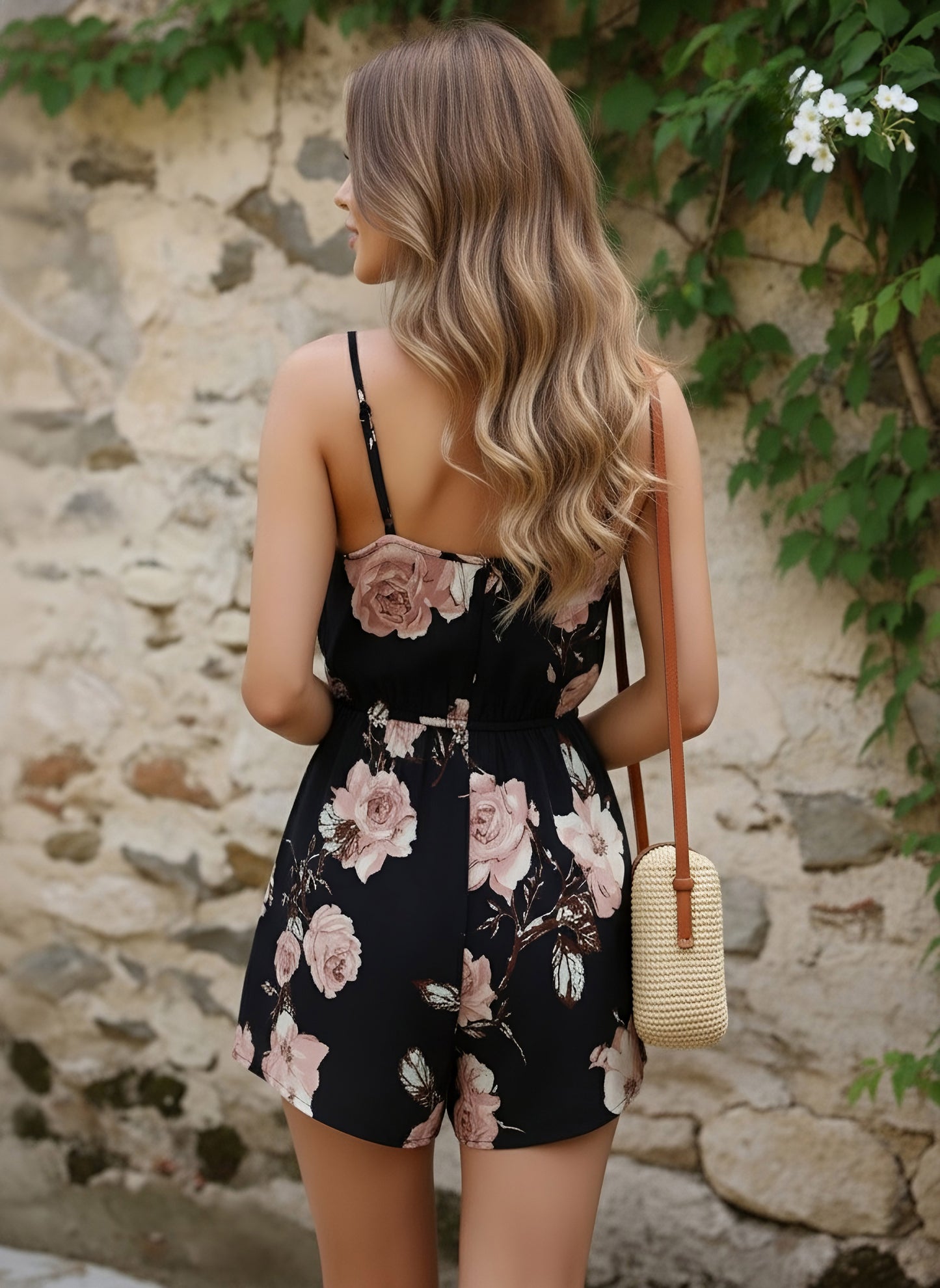 Berrylush Women Black & Dusty Pink Floral Printed V-Neck Sleeveless Wrap Mini Playsuit