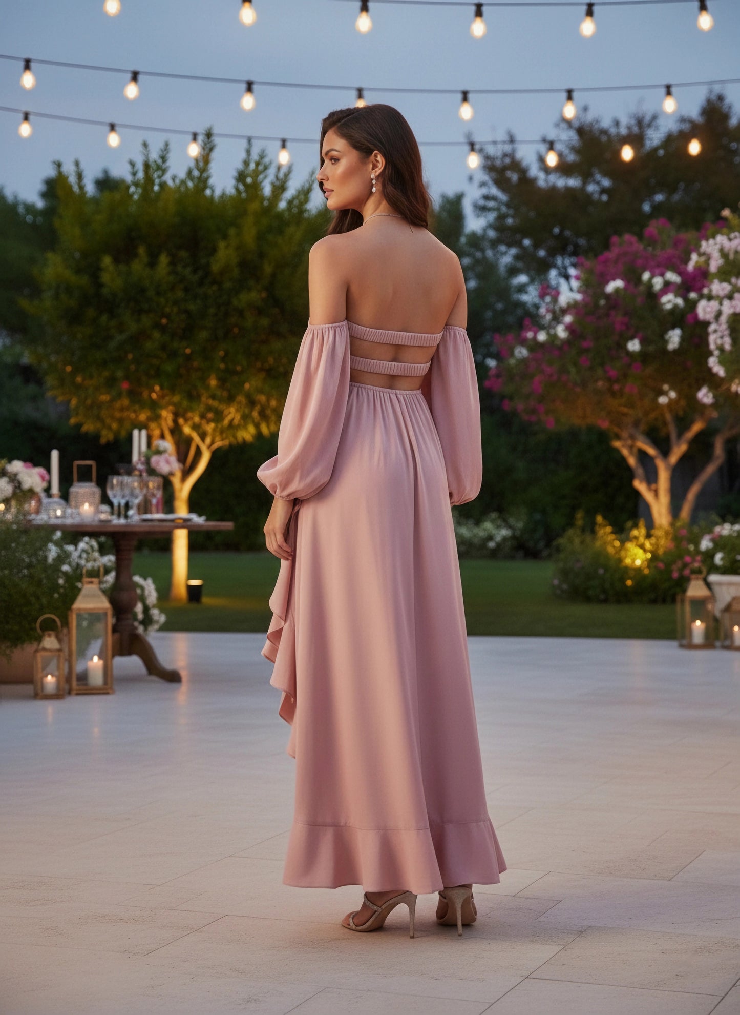 Solid Light Pink Off-Shoulder Neck Puff Sleeves Cut-Out Asymmetrical Hem A-Line Midi Dress
