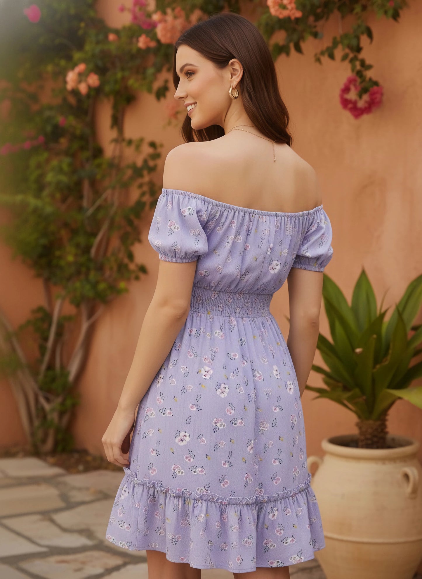 Berrylush Women Purple & White Floral Printed Off-Shoulder Neck Front Tie-Up Pleated Fit & Flare Mini Dress