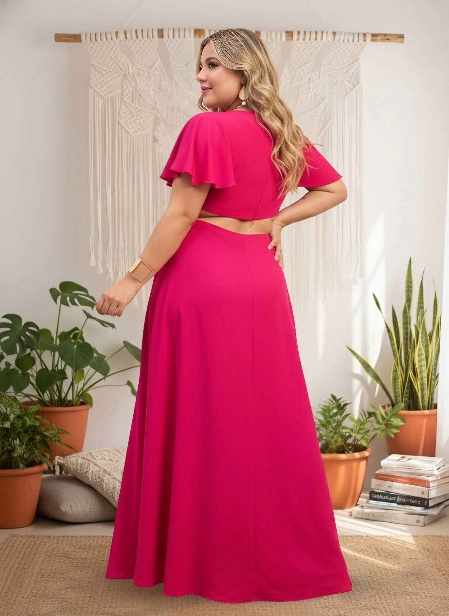 Berrylush Curve Women Solid Pink Round Neck Cut-Out Crepe Thigh-High Slit Fit & Flare Maxi Dress
