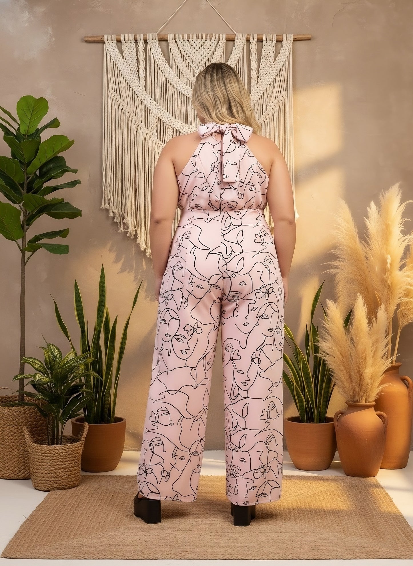 Berrylush Curve Women Pink & Black Abstract Print Halter Neck Sleeveless Backless Slant Pockets Wide-Leg Maxi Jumpsuit