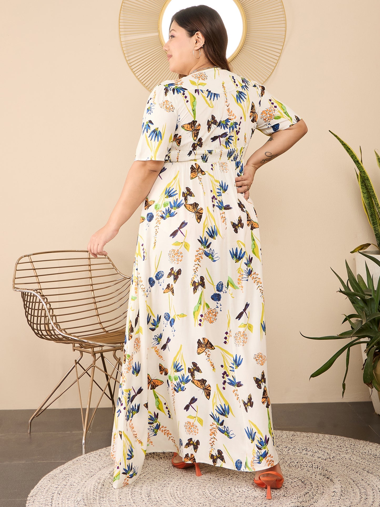 Berrylush Curve Women White, Blue, & Orange Butterfly Floral Printed V-Neck Tie-Up Waist Thigh-High Slit Flared A-Line Maxi Dress