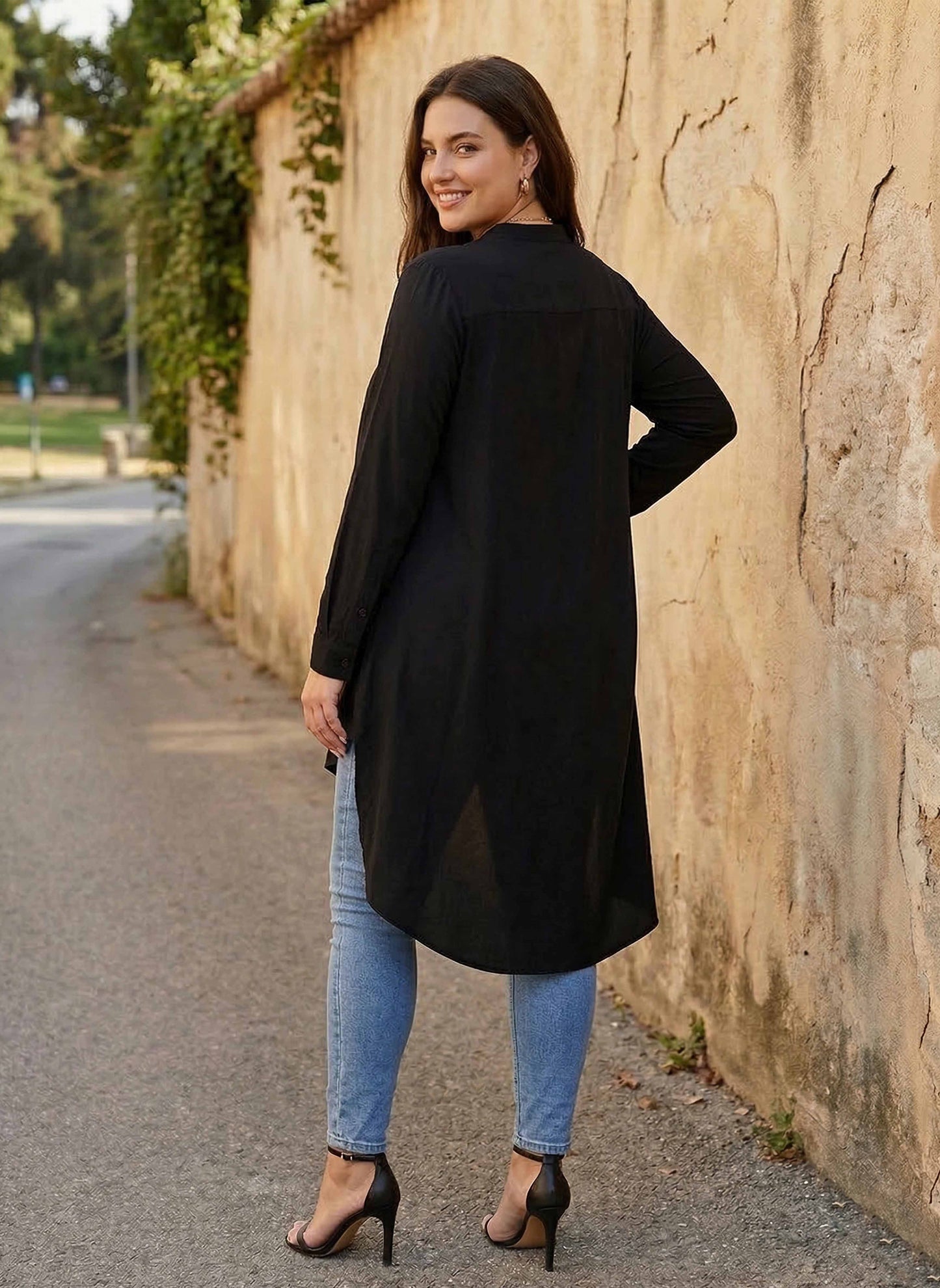 Plus Size Solid Black Mandarin Collar Neck Flutter Sleeve Crepe Button-Up High-Low Hem Longline Top