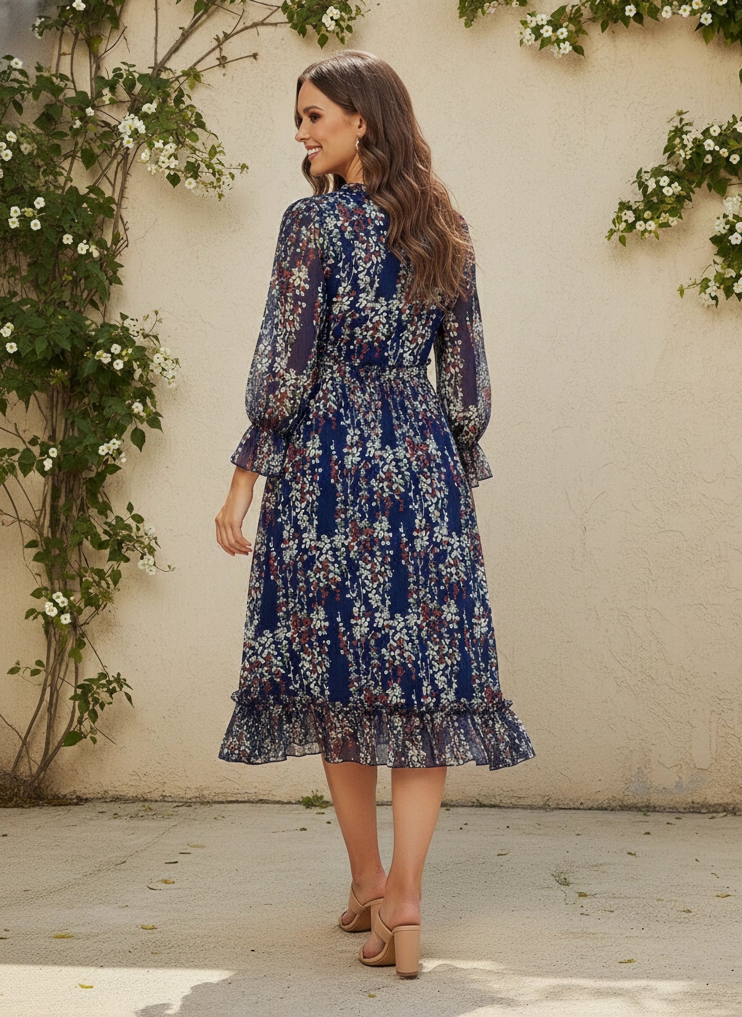 Navy Blue, White, & Red Floral Printed V-Neck Bishop Sleeves Chiffon Flounce Hem Ruffled A-Line Midi Dress